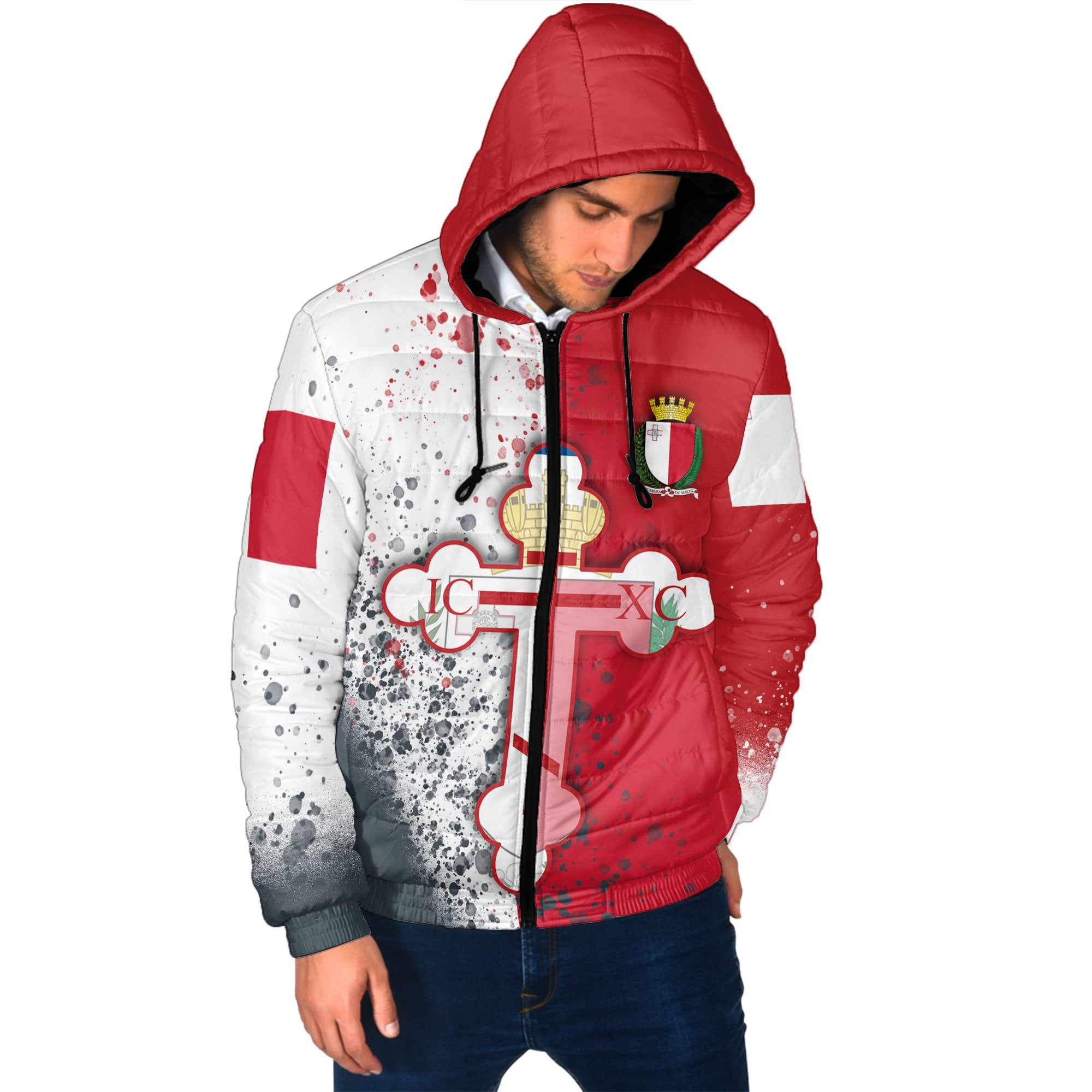 Malta Men Hooded Padded Jacket Flag & Coat Of Arms Orthodox Style