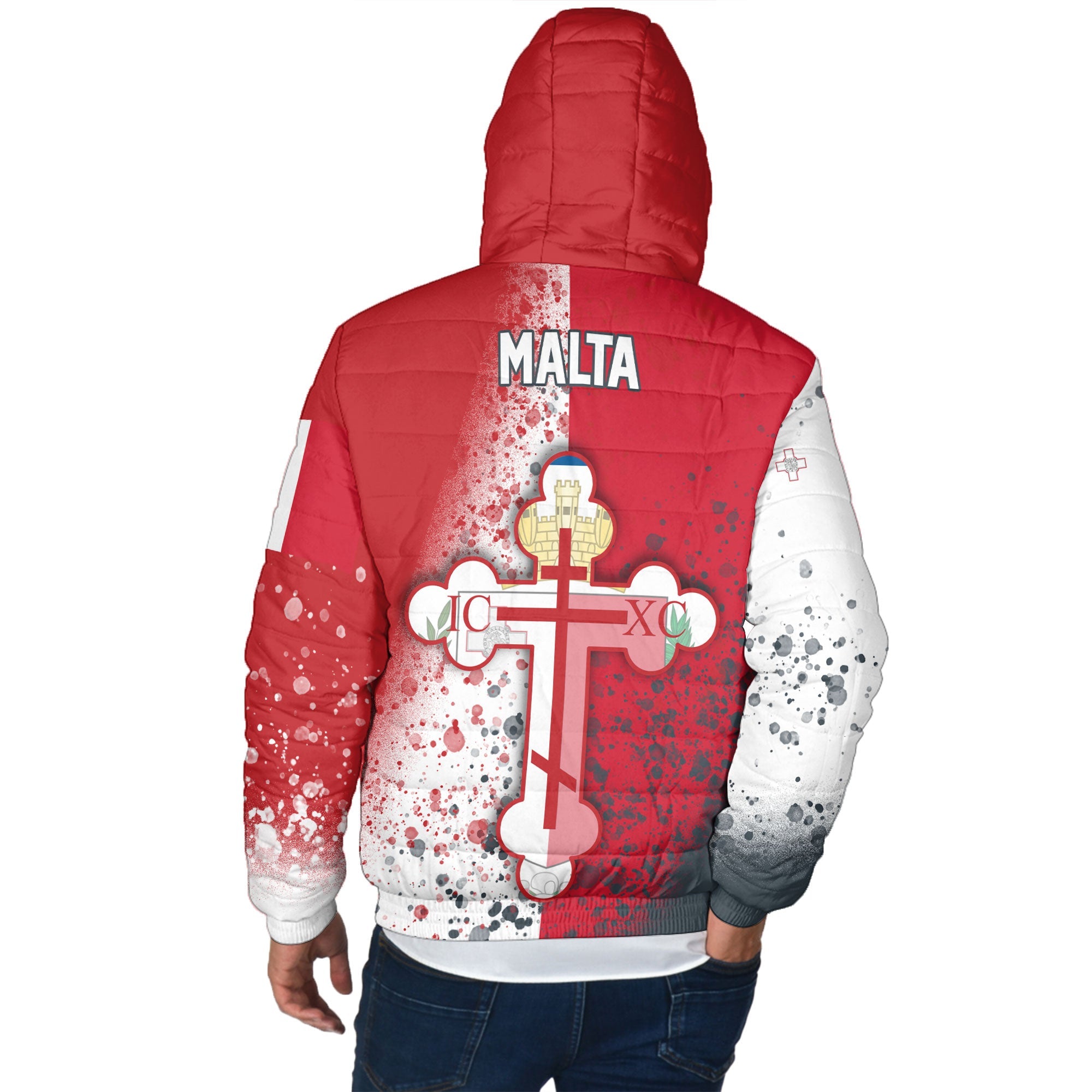 Malta Men Hooded Padded Jacket Flag & Coat Of Arms Orthodox Style