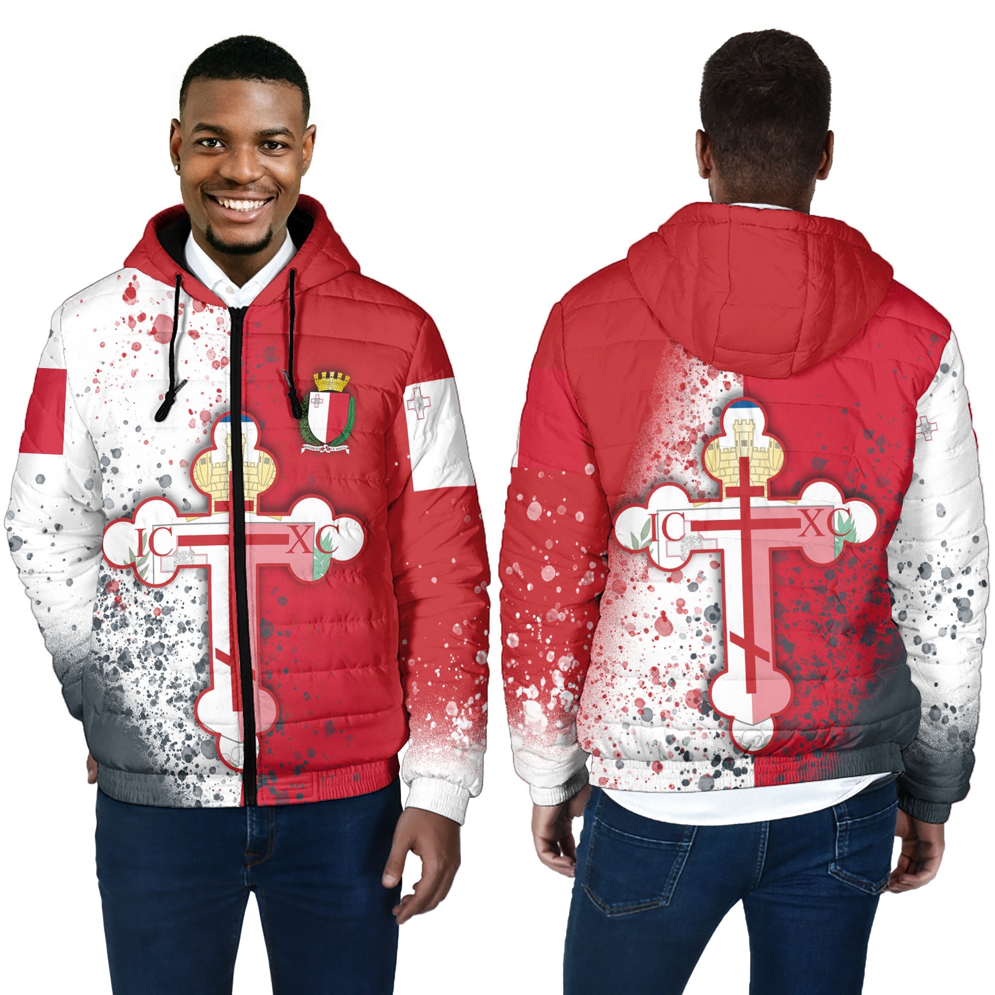 Malta Men Hooded Padded Jacket Flag & Coat Of Arms Orthodox Style