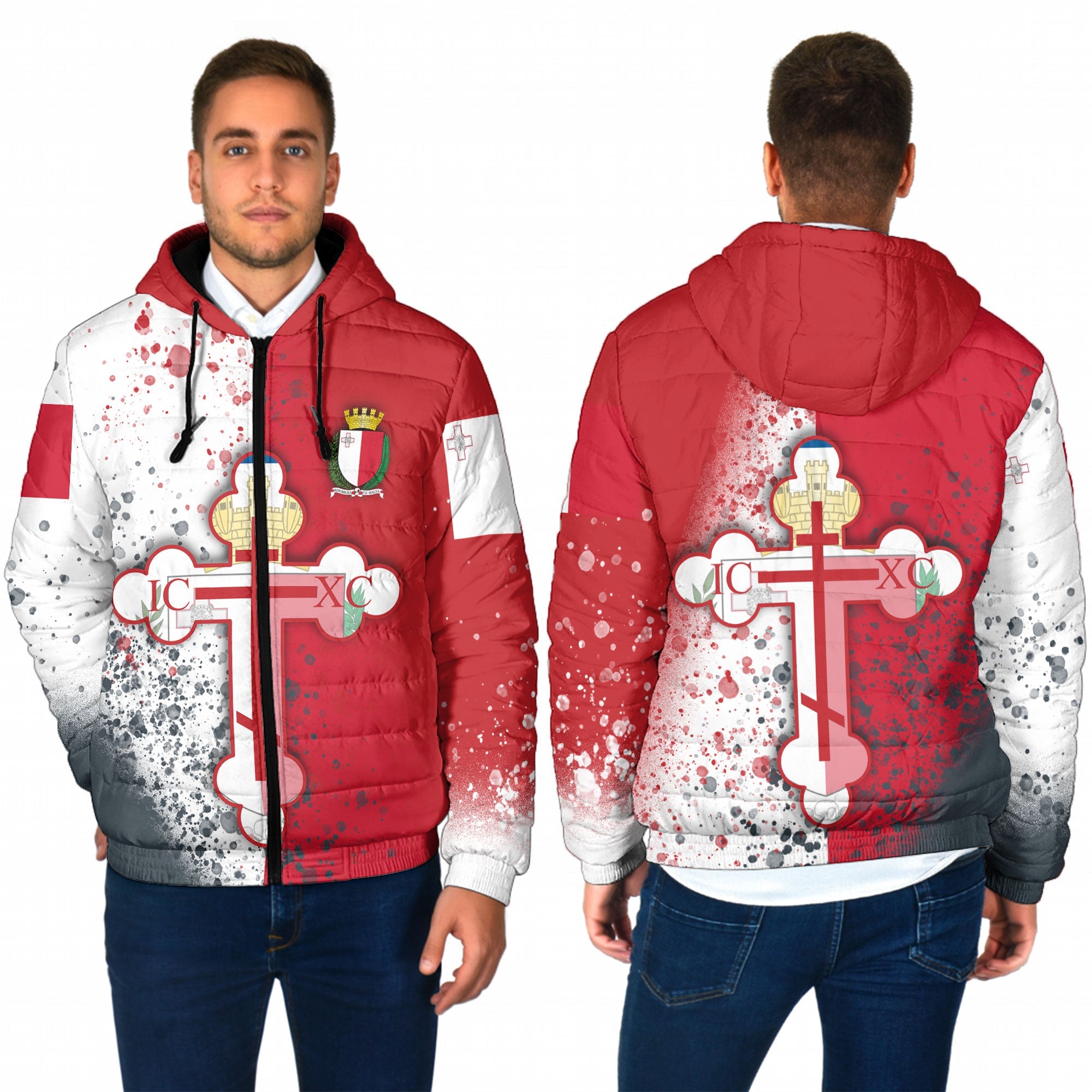 Malta Men Hooded Padded Jacket Flag & Coat Of Arms Orthodox Style