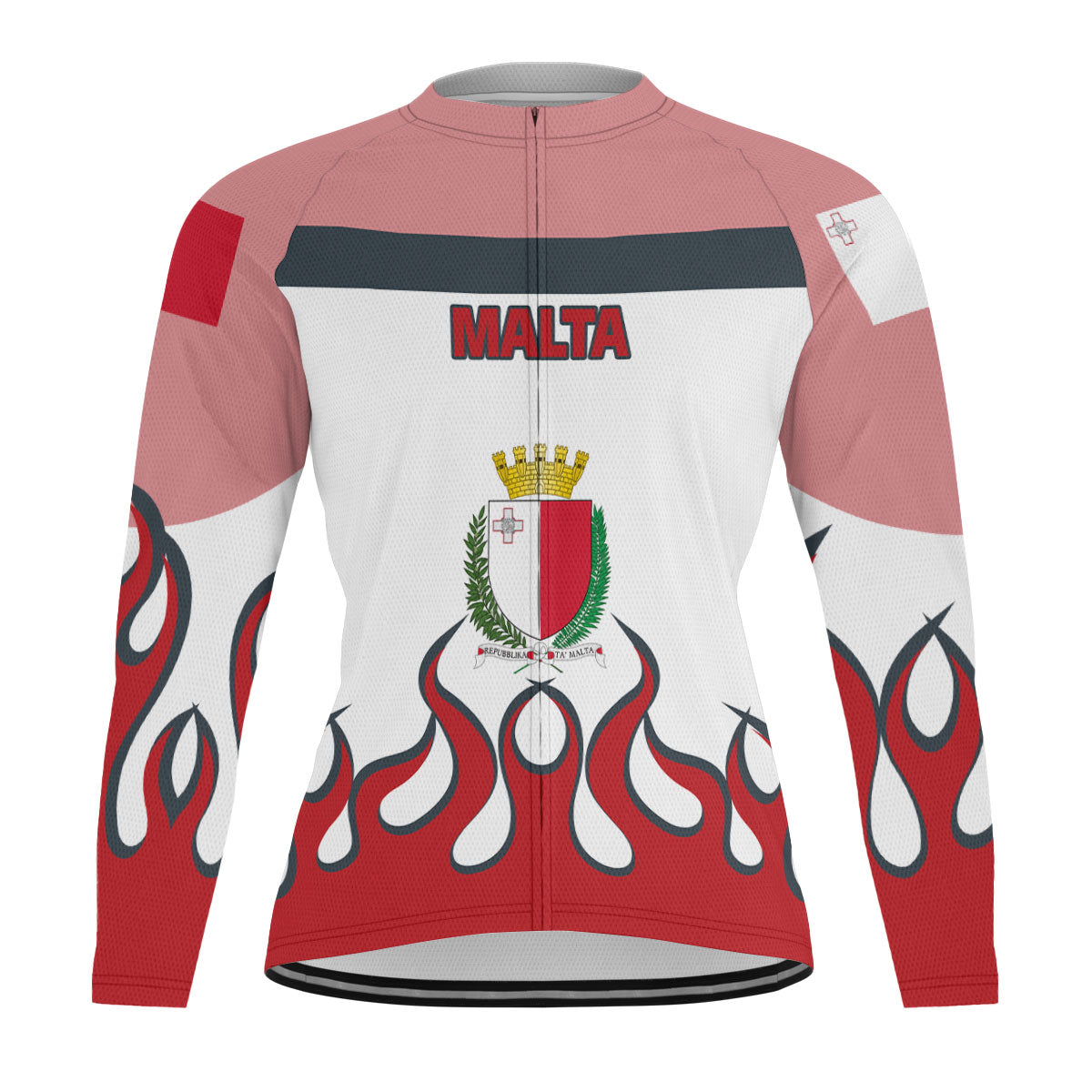 Malta Men's Cycling Jersey Long Sleeve Flag & Coat Of Arms Fire Hockey Style