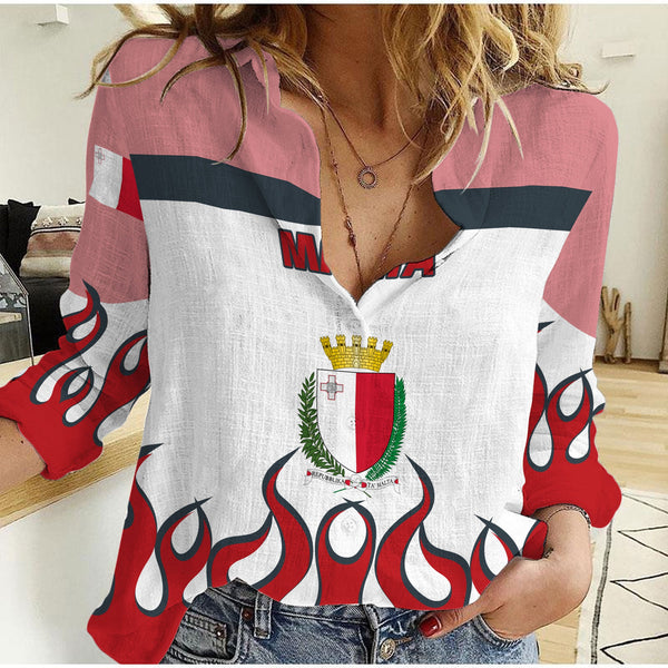 Malta Women Casual Shirt Flag & Coat Of Arms Fire Hockey Style