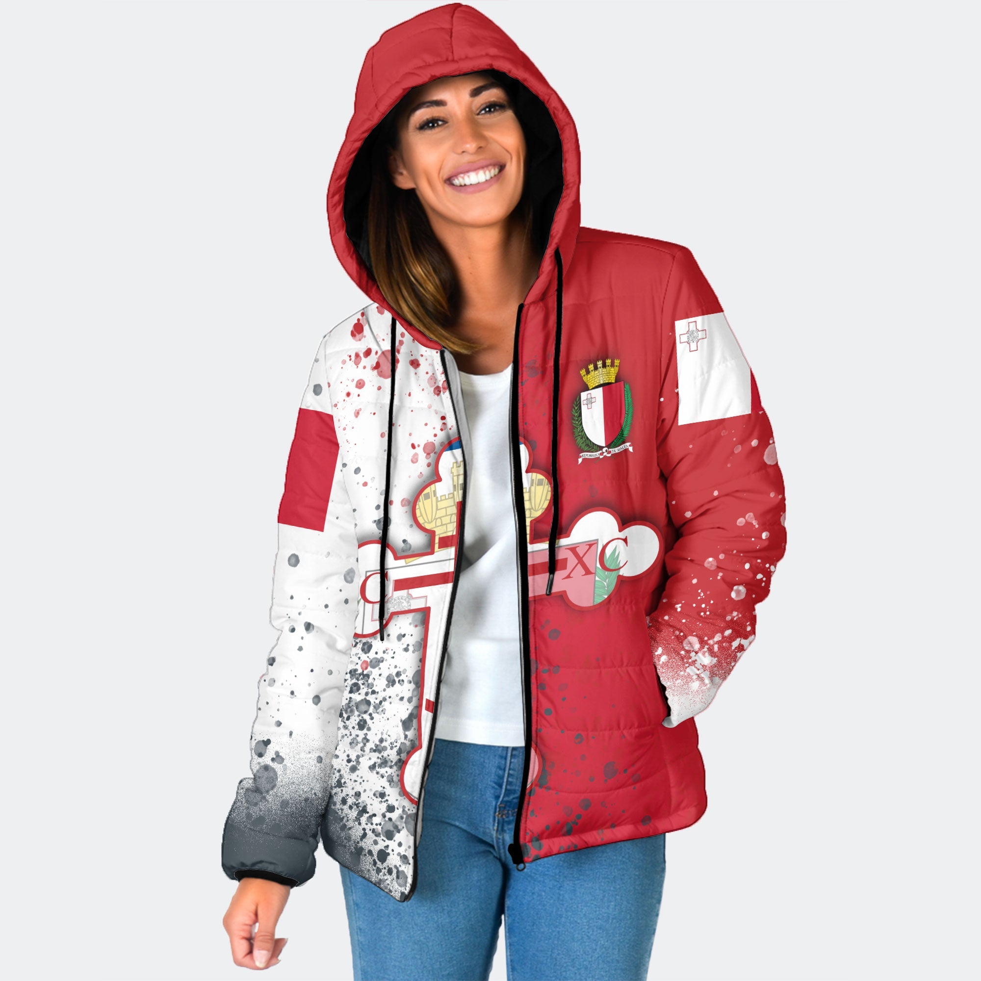 Malta Women Hooded Padded Jacket Flag & Coat Of Arms Orthodox Style