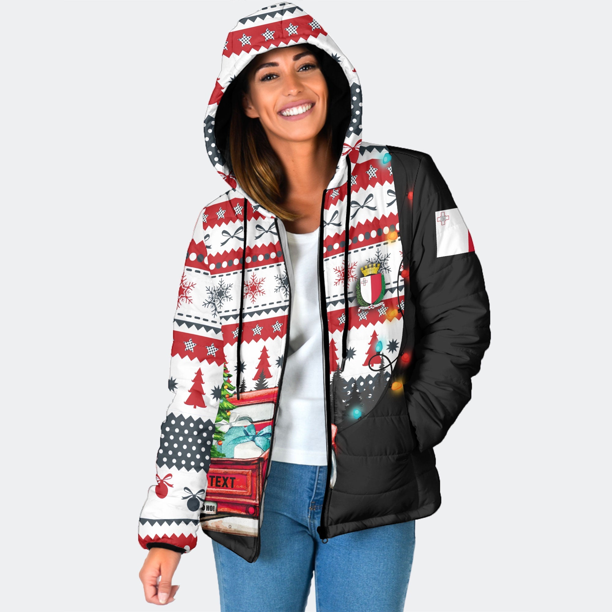 Malta Women Hooded Padded Jacket Coat Of Arms Christmas Style