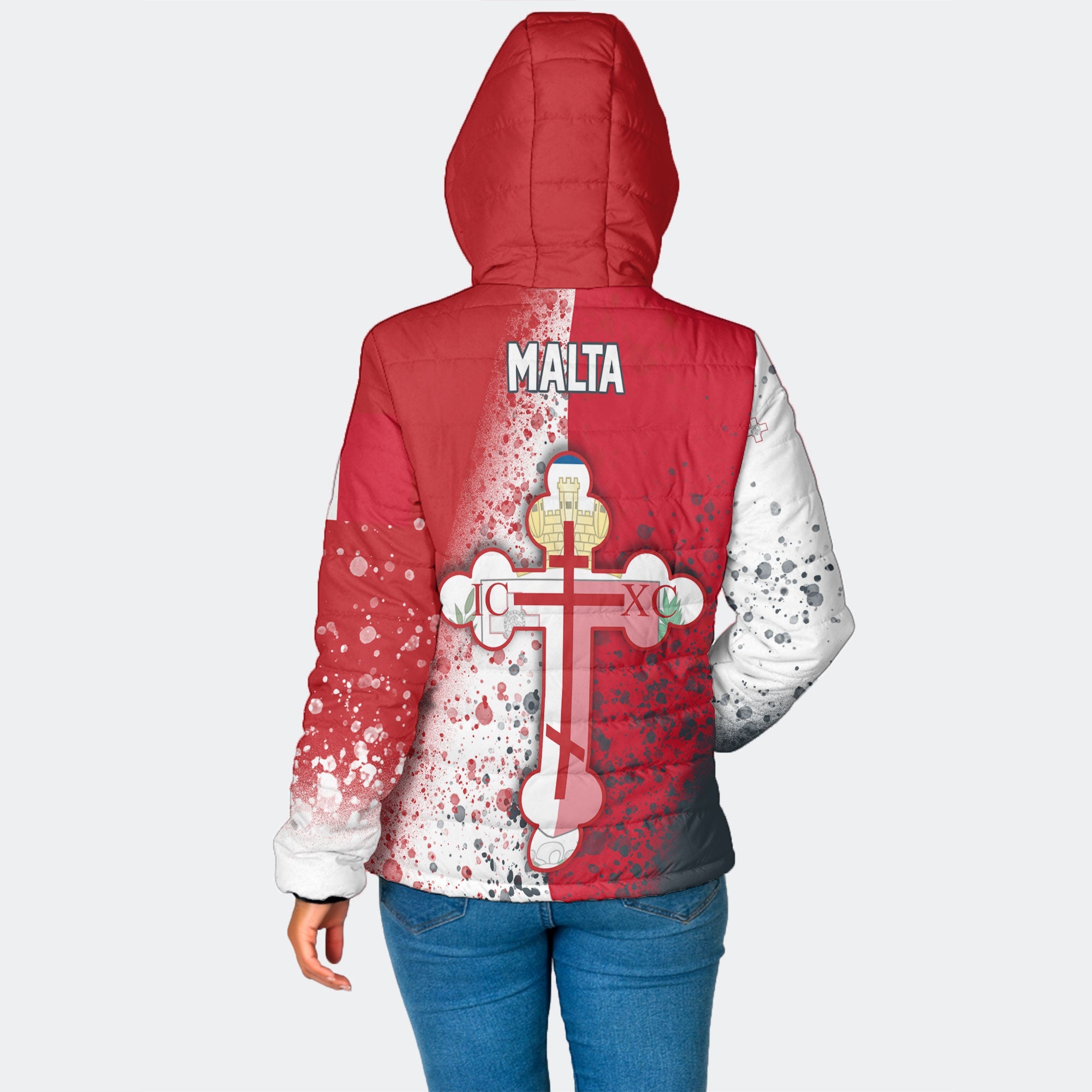 Malta Women Hooded Padded Jacket Flag & Coat Of Arms Orthodox Style