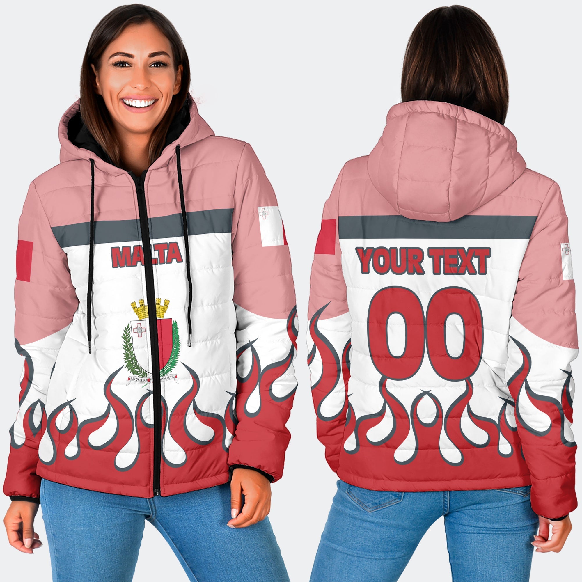 Malta Women Hooded Padded Jacket Flag & Coat Of Arms Fire Hockey Style