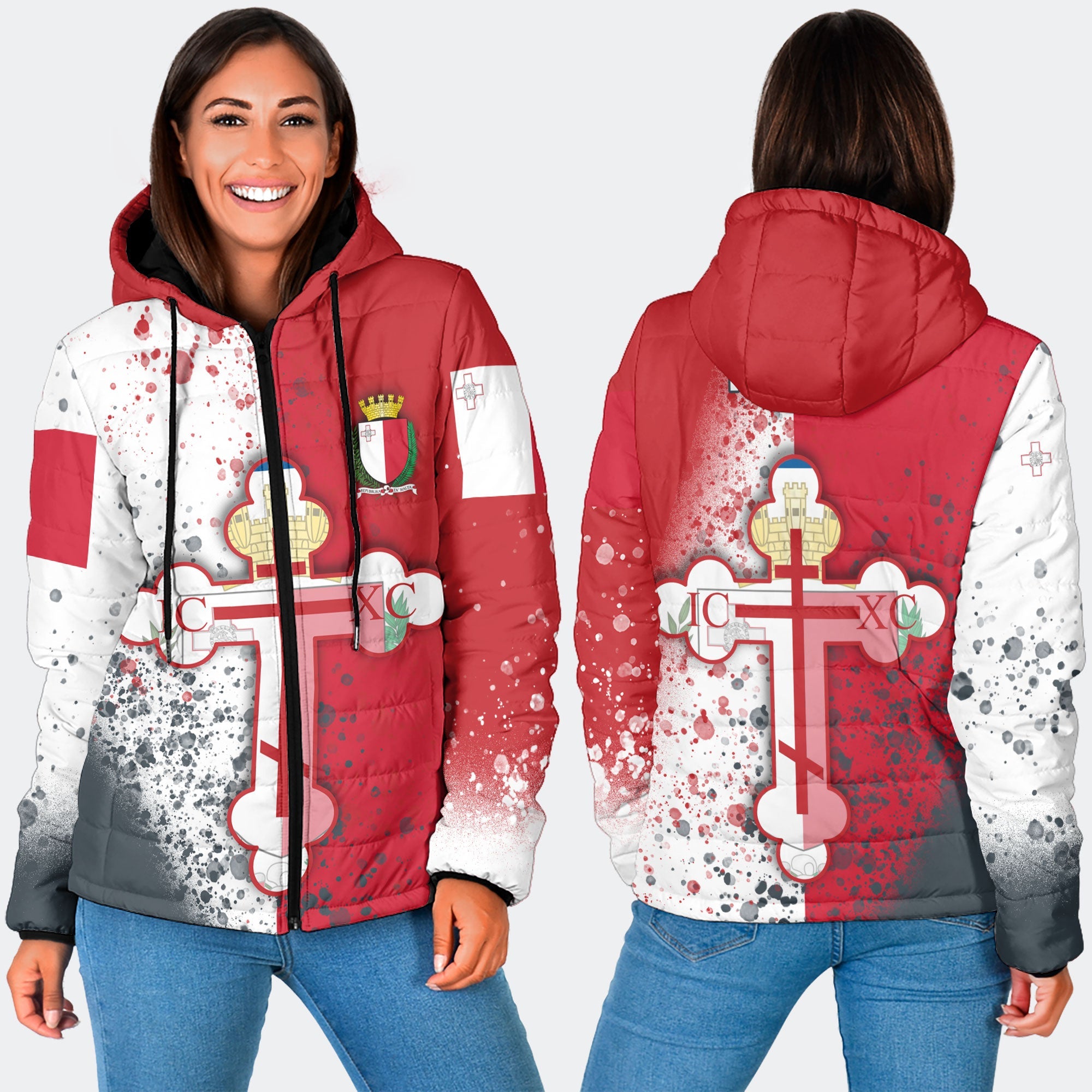 Malta Women Hooded Padded Jacket Flag & Coat Of Arms Orthodox Style