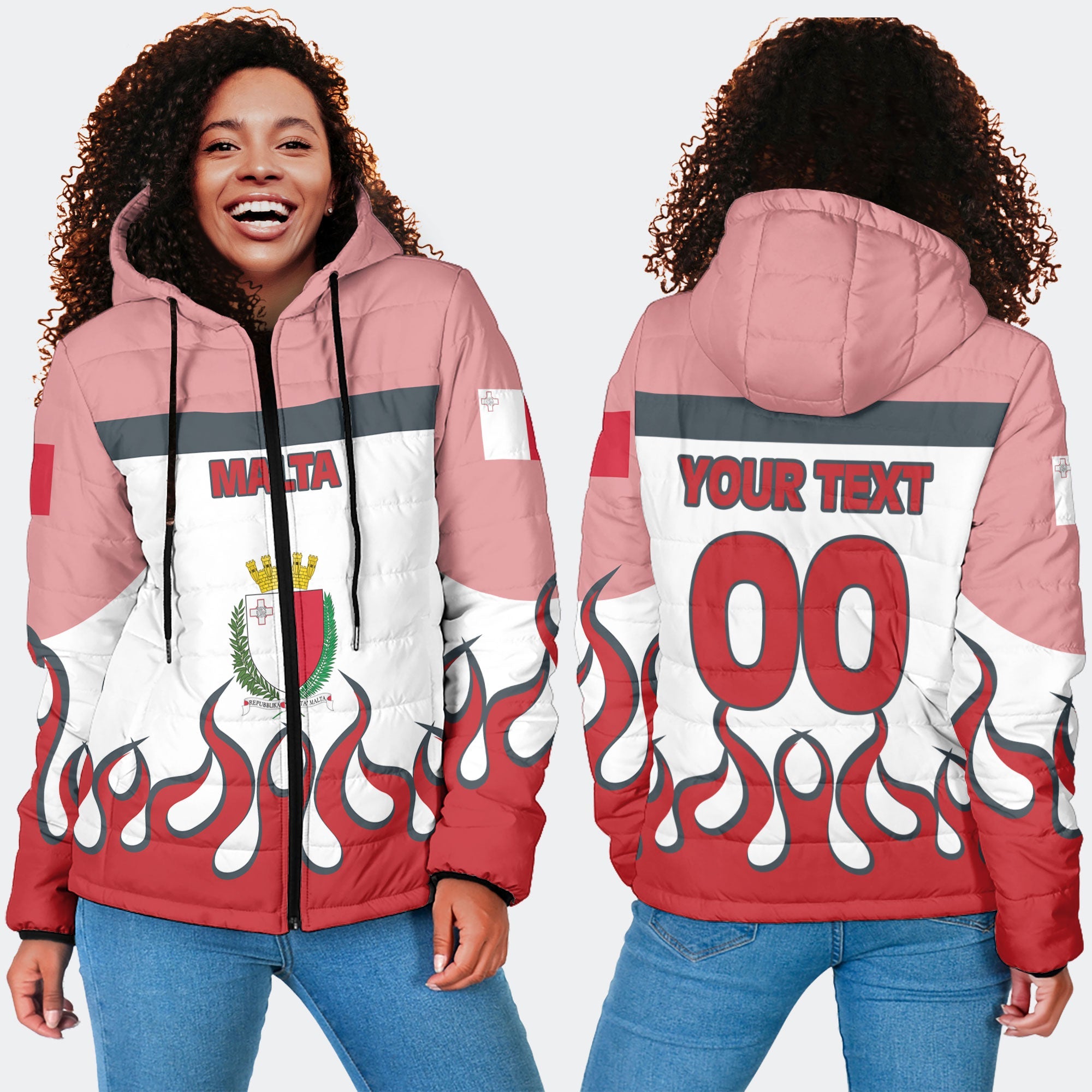 Malta Women Hooded Padded Jacket Flag & Coat Of Arms Fire Hockey Style