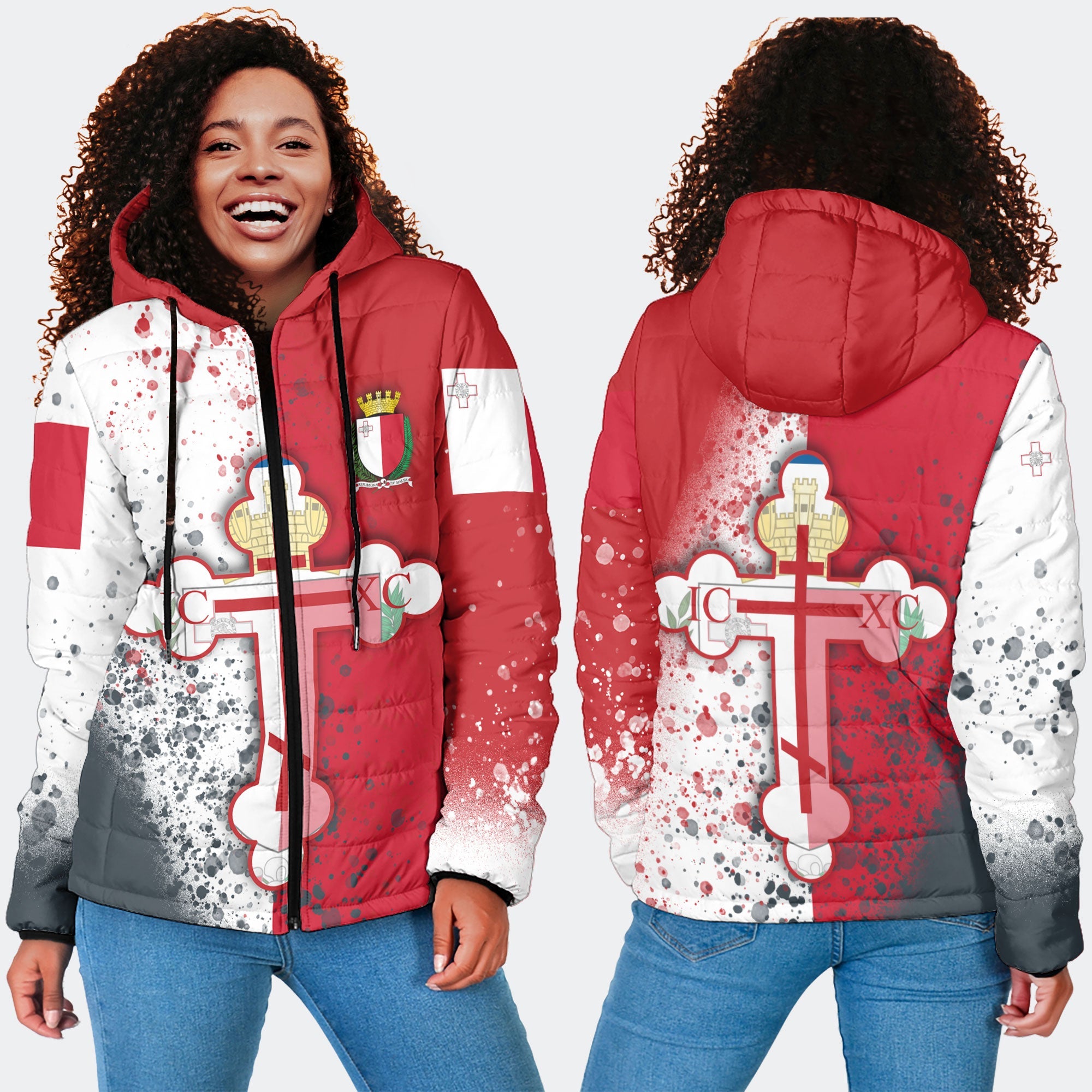 Malta Women Hooded Padded Jacket Flag & Coat Of Arms Orthodox Style