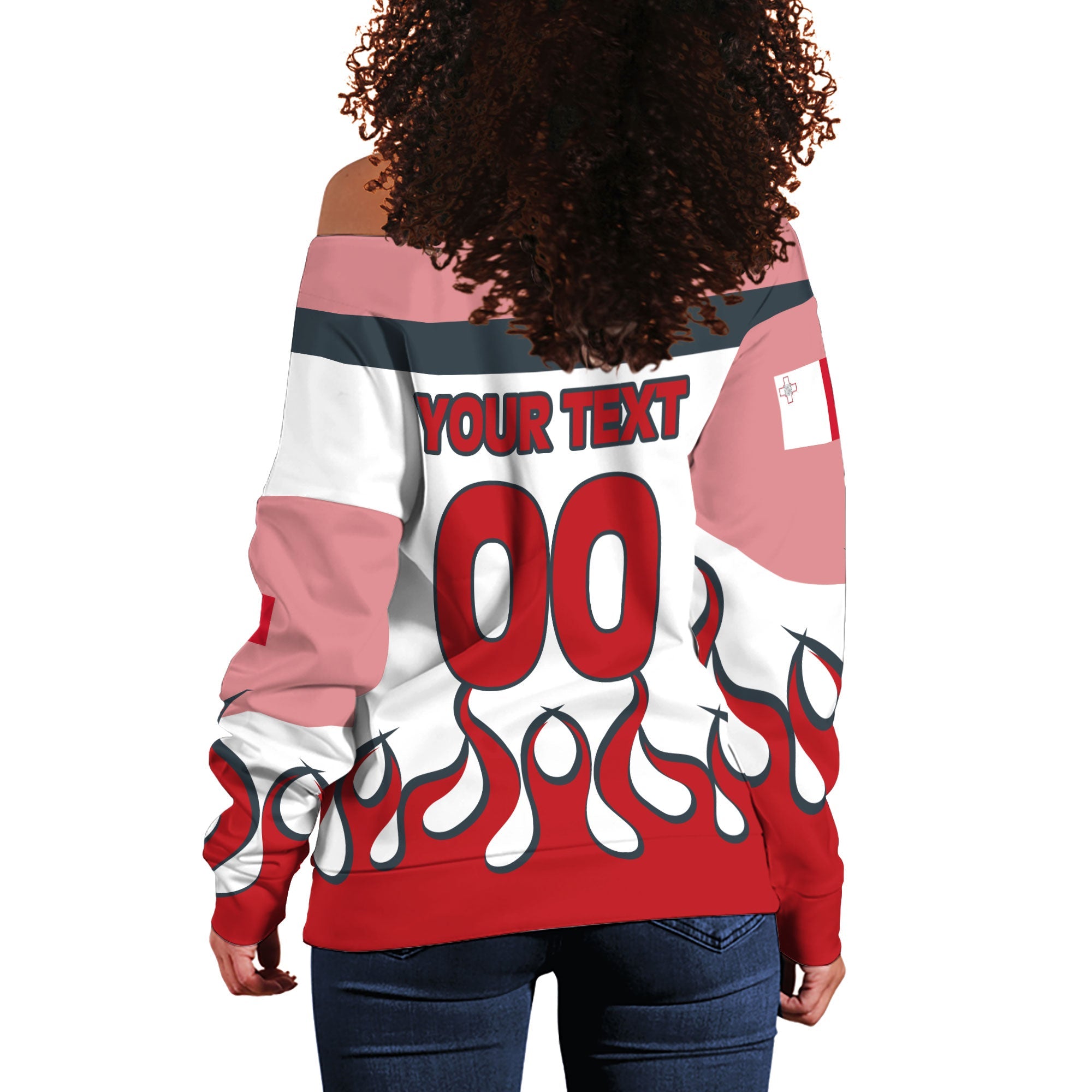 Malta Women Off Shoulder Sweatshirt Flag & Coat Of Arms Fire Hockey Style