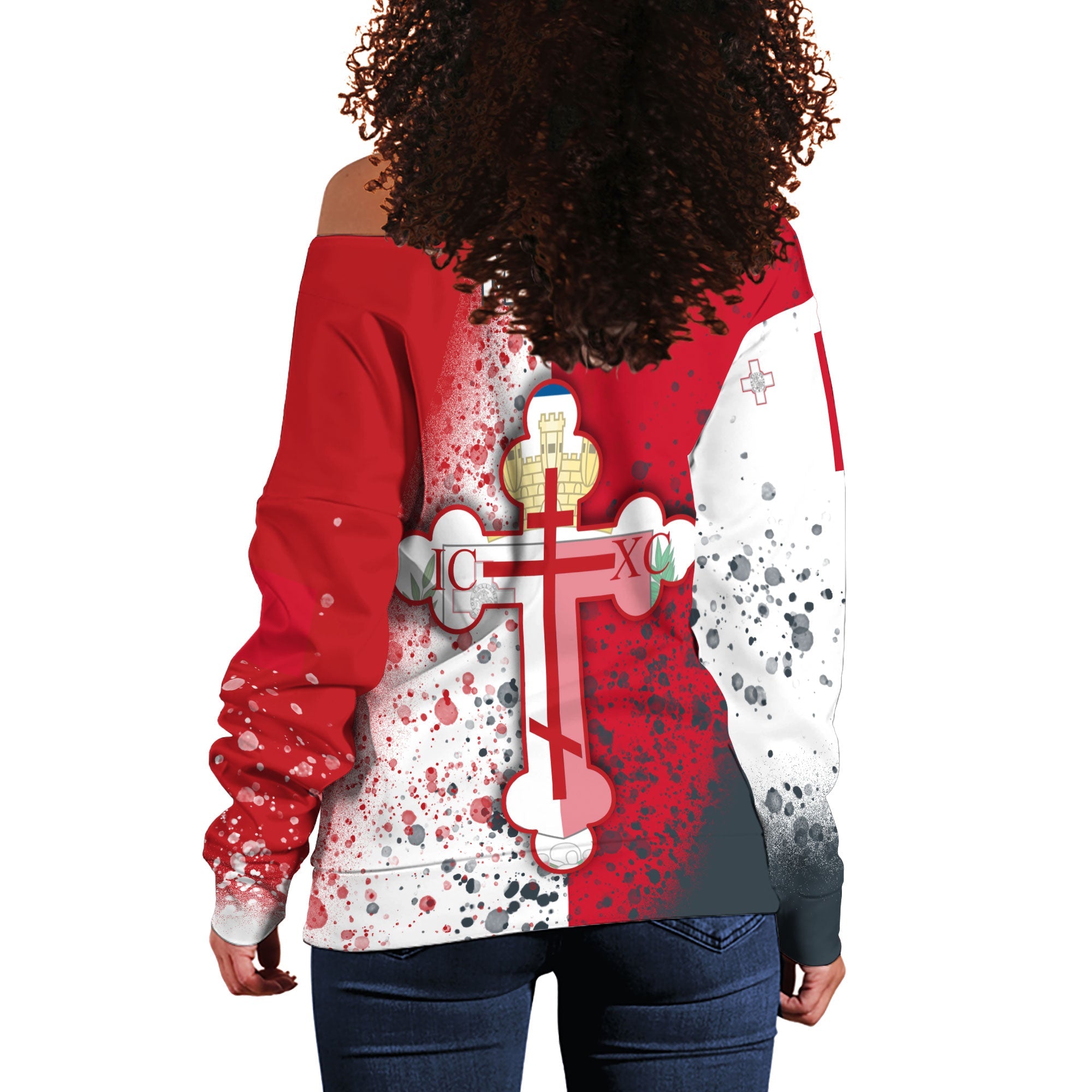 Malta Women Off Shoulder Sweatshirt Flag & Coat Of Arms Orthodox Style