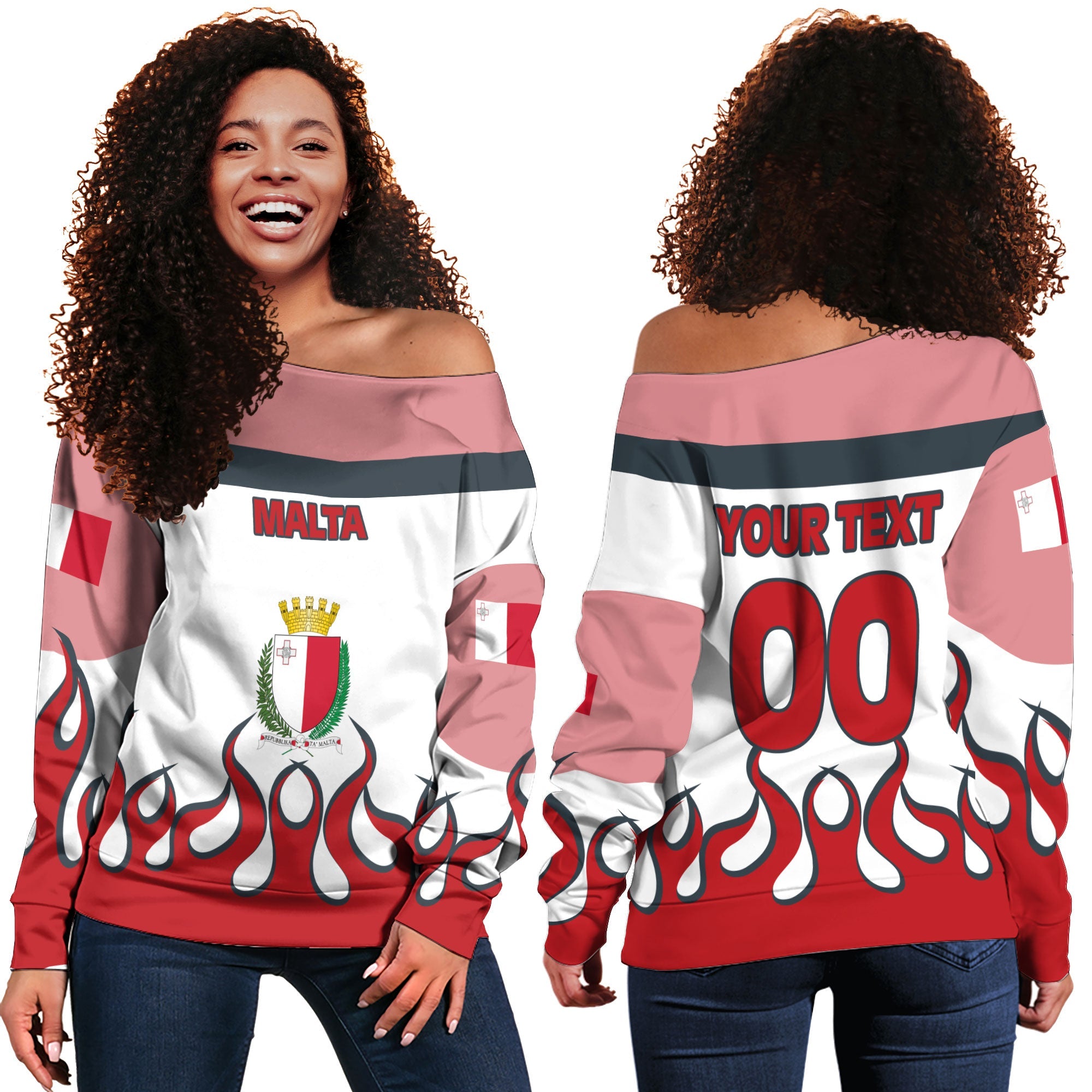 Malta Women Off Shoulder Sweatshirt Flag & Coat Of Arms Fire Hockey Style