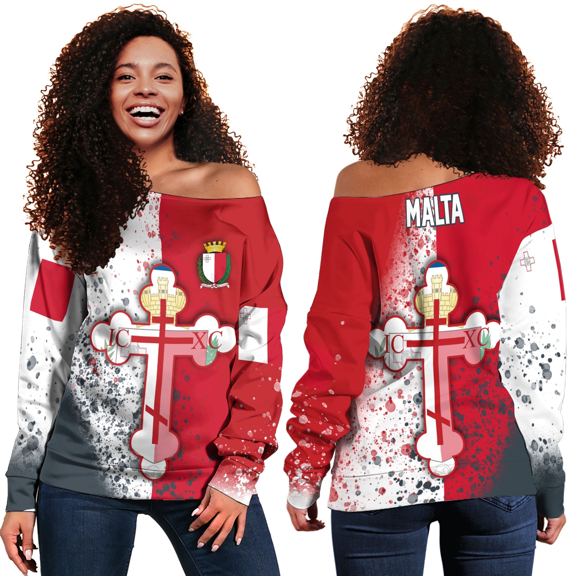 Malta Women Off Shoulder Sweatshirt Flag & Coat Of Arms Orthodox Style