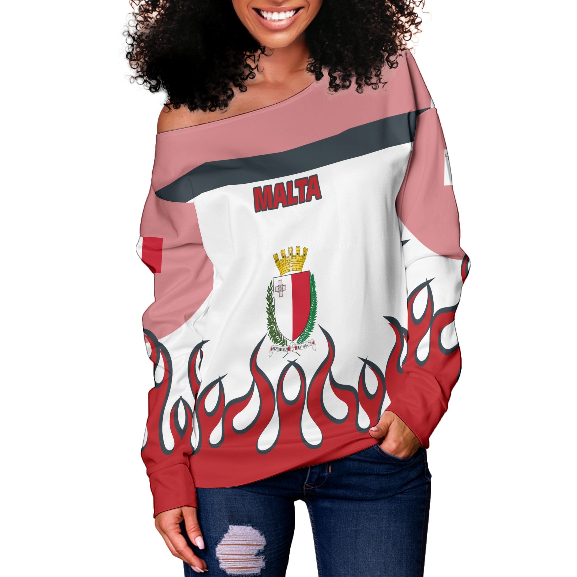 Malta Women Off Shoulder Sweatshirt Flag & Coat Of Arms Fire Hockey Style