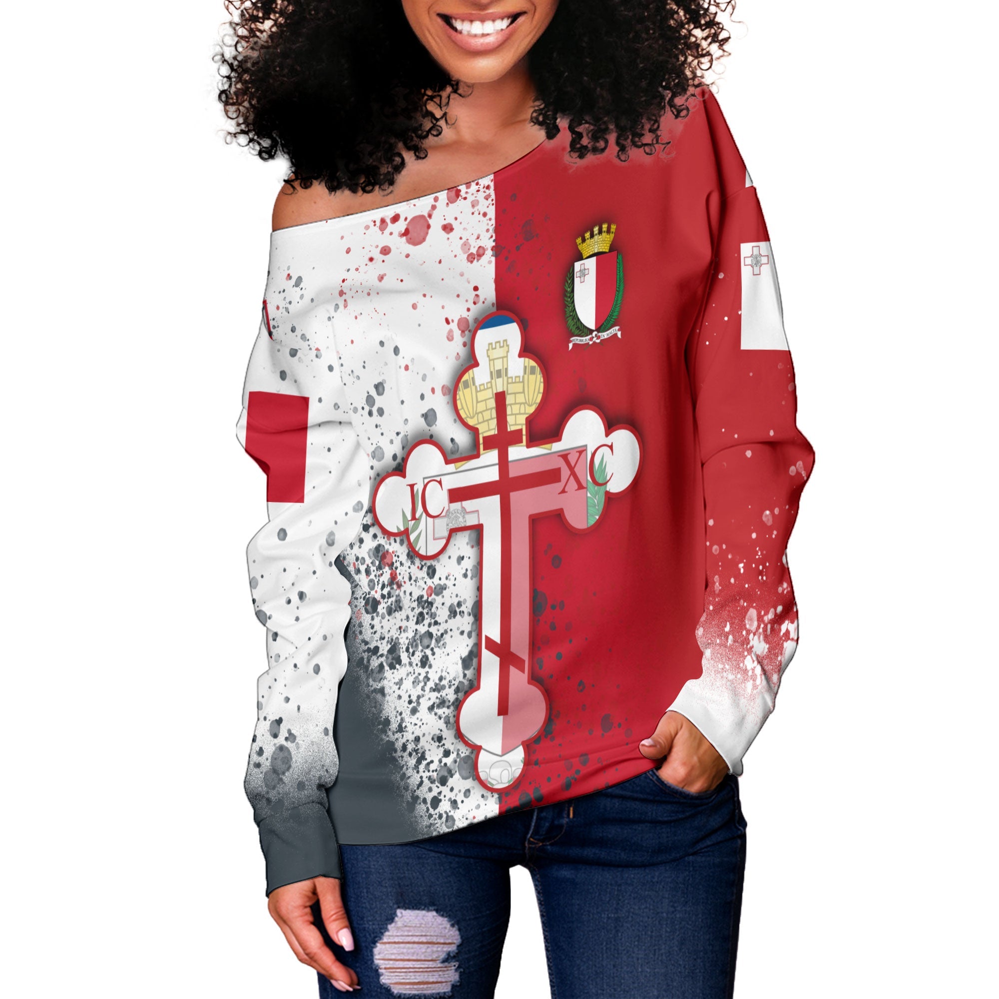 Malta Women Off Shoulder Sweatshirt Flag & Coat Of Arms Orthodox Style