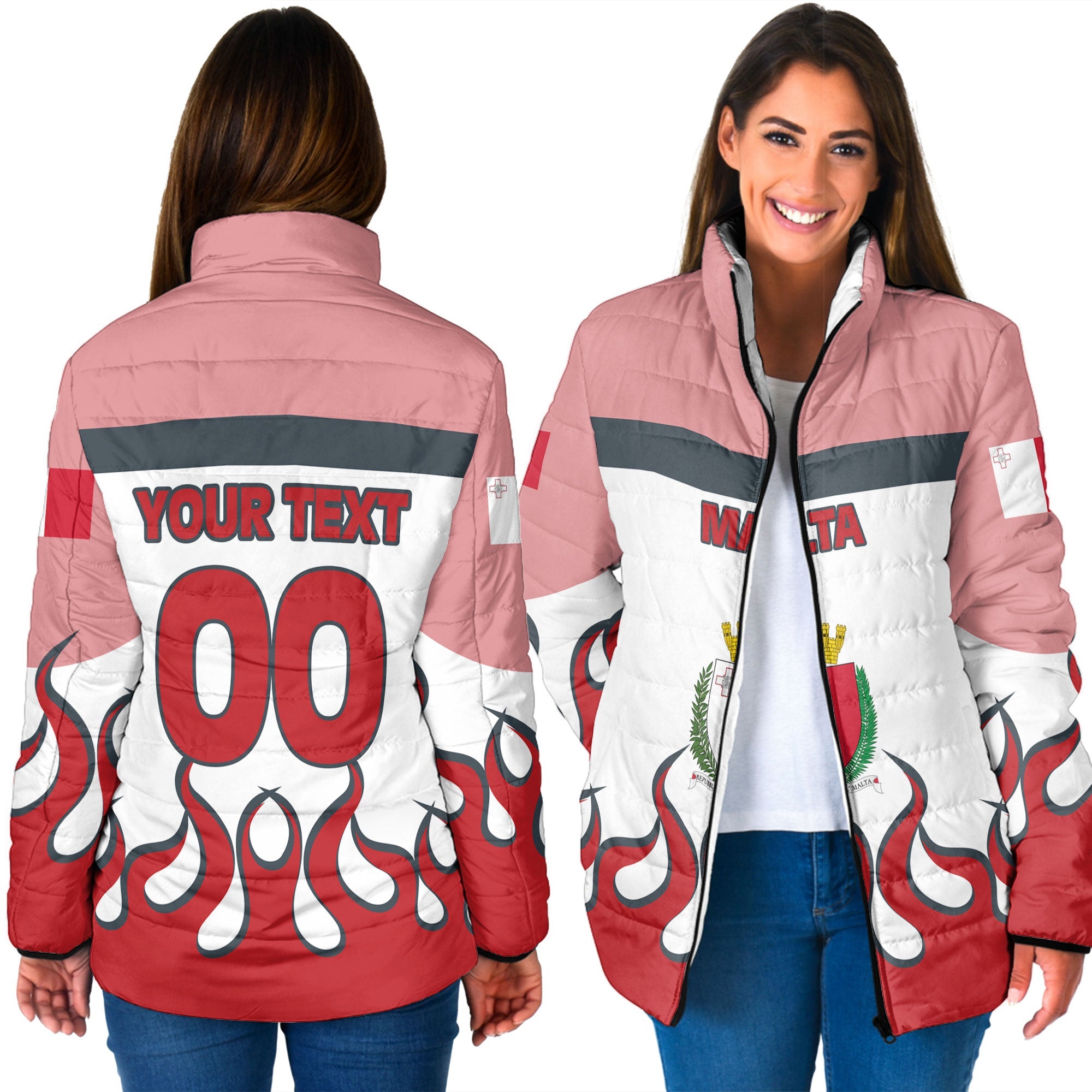 Malta Women Padded Jacket Flag & Coat Of Arms Fire Hockey Style