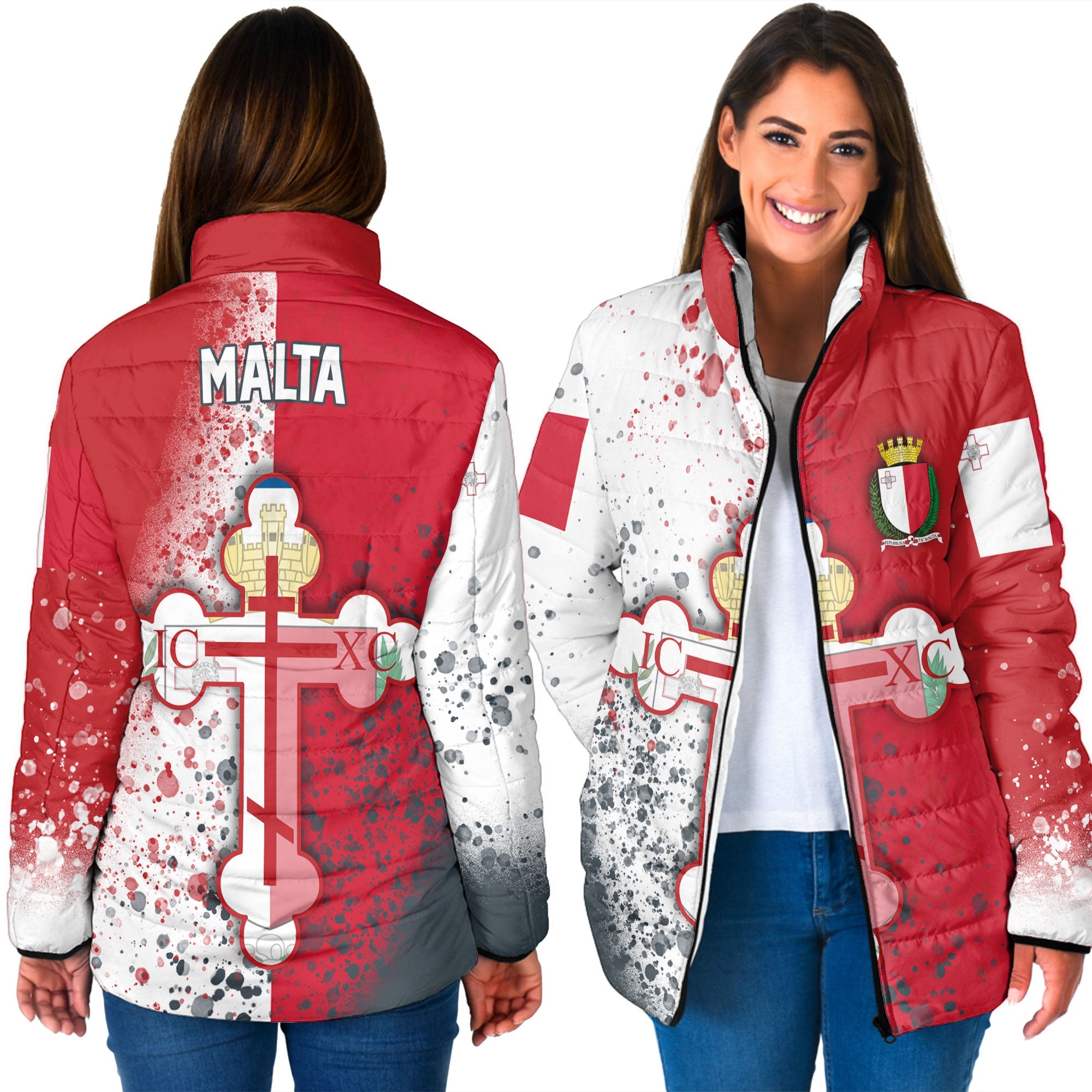 Malta Women Padded Jacket Flag & Coat Of Arms Orthodox Style