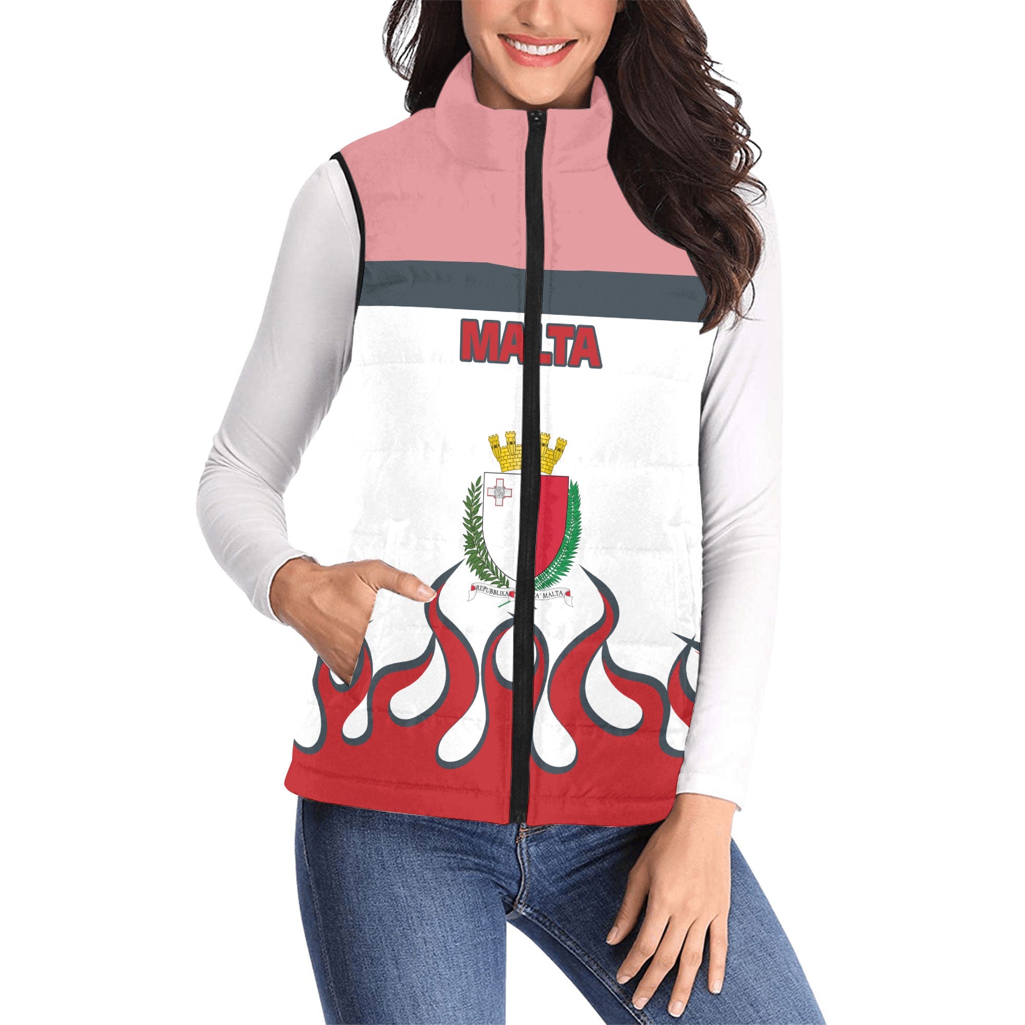 Malta Women Padded Jacket Vest Flag & Coat Of Arms Fire Hockey Style