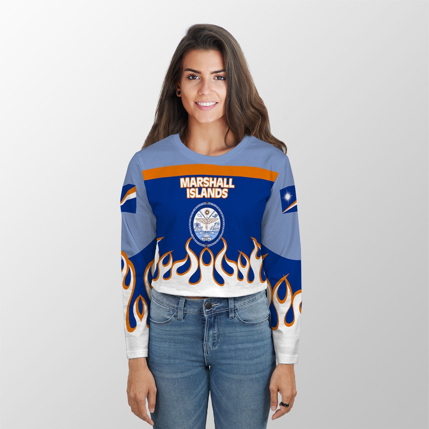 Marshall Islands Crop Top Long TShirt Flag & Coat Of Arms Fire Hockey Style