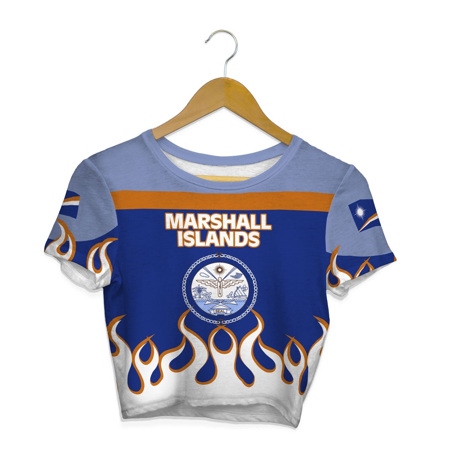 Marshall Islands Crop Top T Shirt Flag & Coat Of Arms Fire Hockey Style