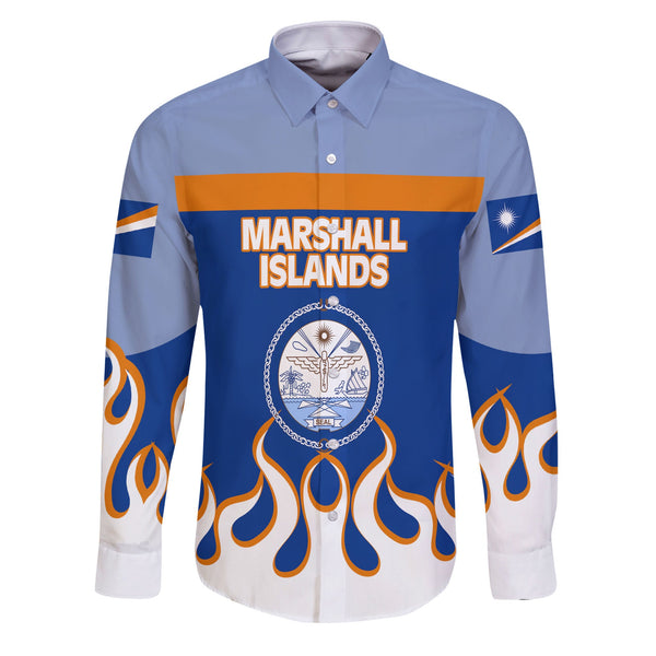 Marshall Islands Long Sleeve Button Shirt Flag & Coat Of Arms Fire Hockey Style