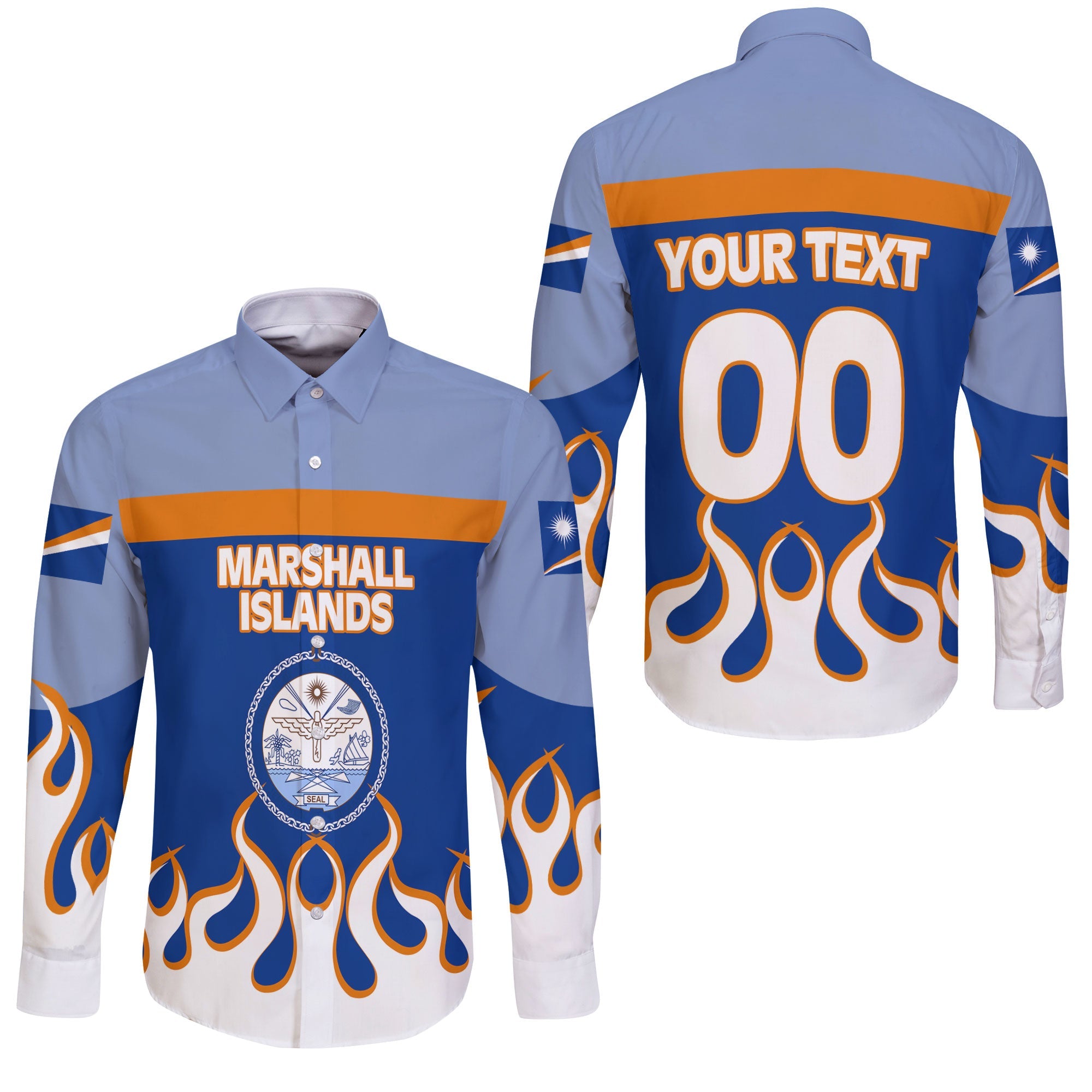 Marshall Islands Long Sleeve Button Shirt Flag & Coat Of Arms Fire Hockey Style