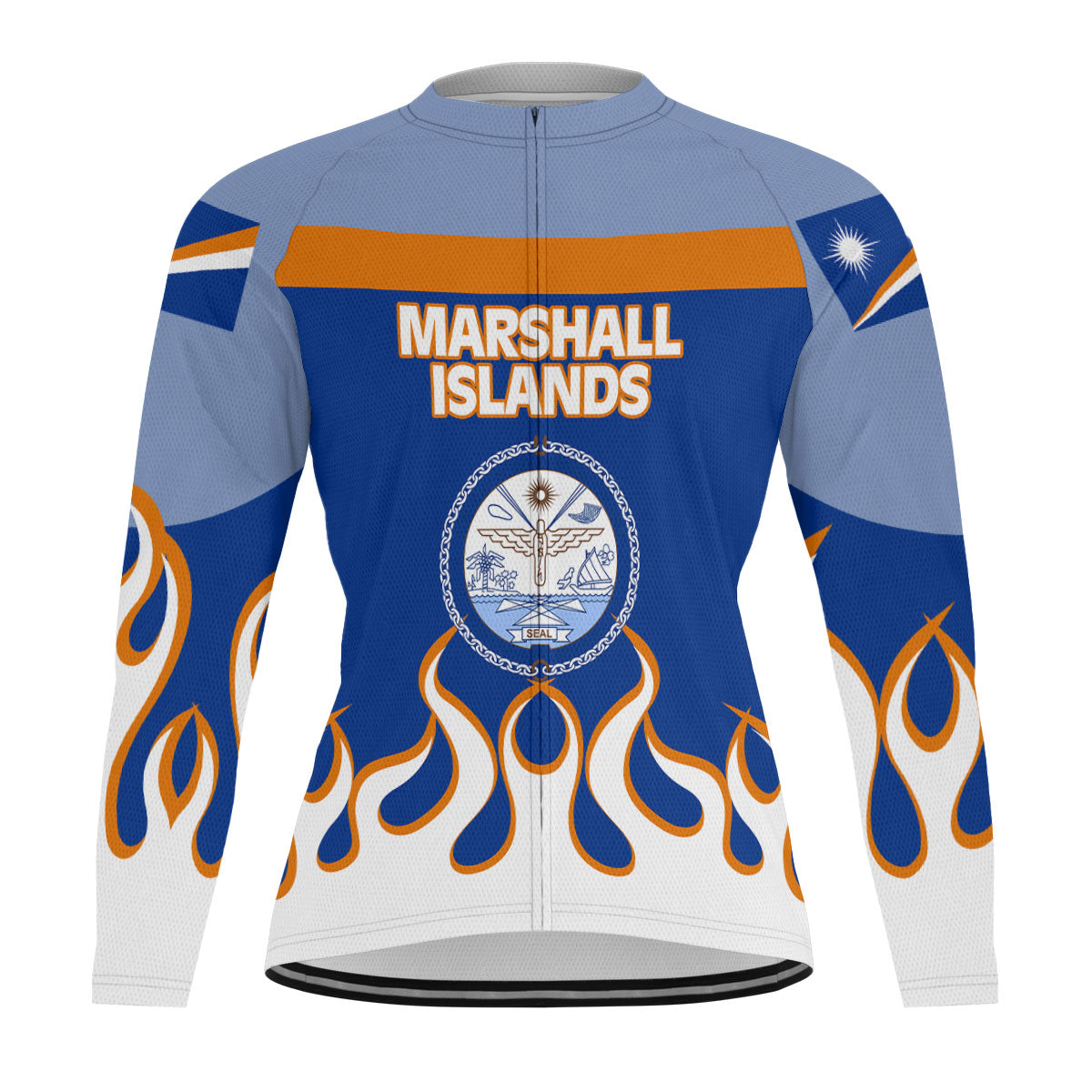 Marshall Islands Men's Cycling Jersey Long Sleeve Flag & Coat Of Arms Fire Hockey Style