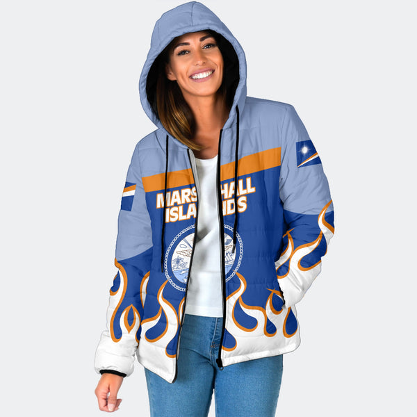 Marshall Islands Women Hooded Padded Jacket Flag & Coat Of Arms Fire Hockey Style