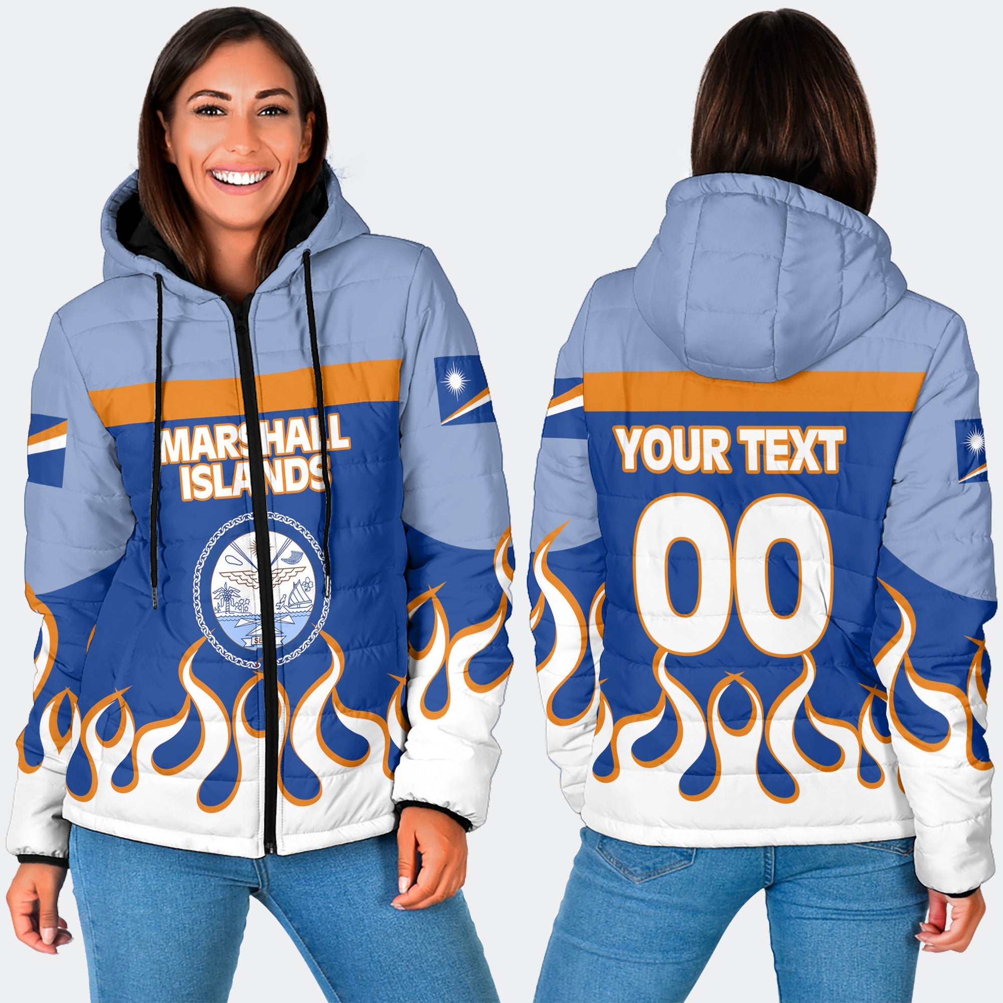 Marshall Islands Women Hooded Padded Jacket Flag & Coat Of Arms Fire Hockey Style