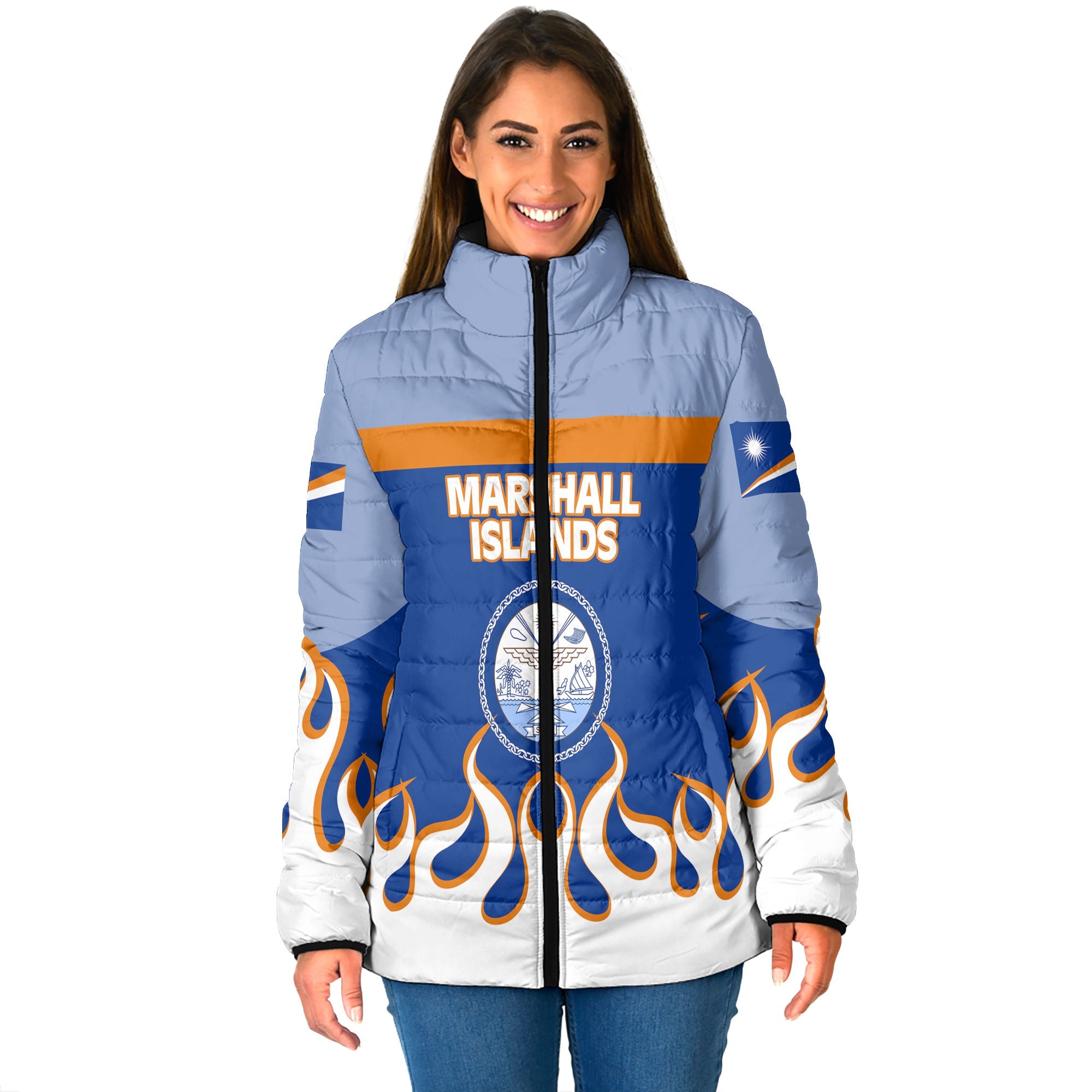 Marshall Islands Women Padded Jacket Flag & Coat Of Arms Fire Hockey Style