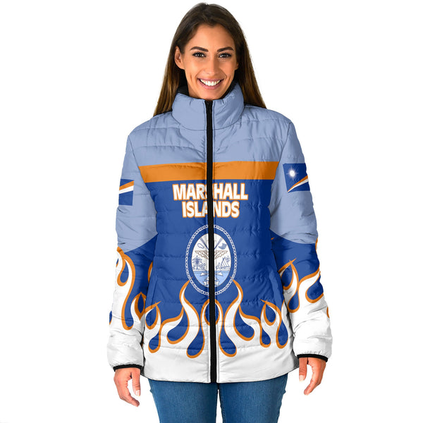 Marshall Islands Women Padded Jacket Flag & Coat Of Arms Fire Hockey Style