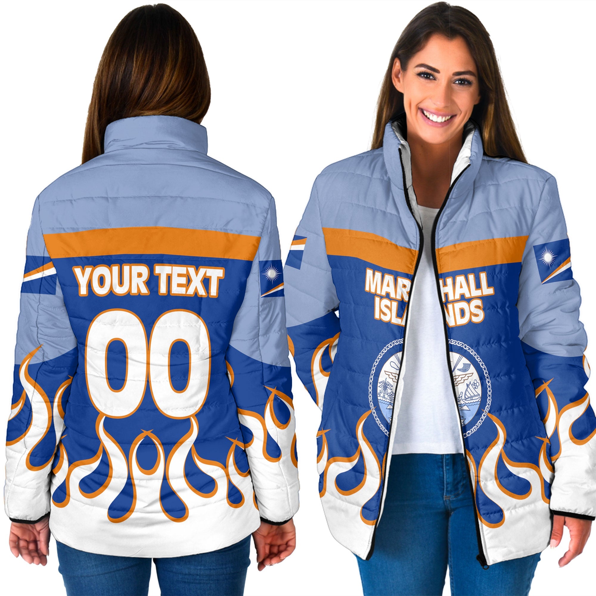 Marshall Islands Women Padded Jacket Flag & Coat Of Arms Fire Hockey Style