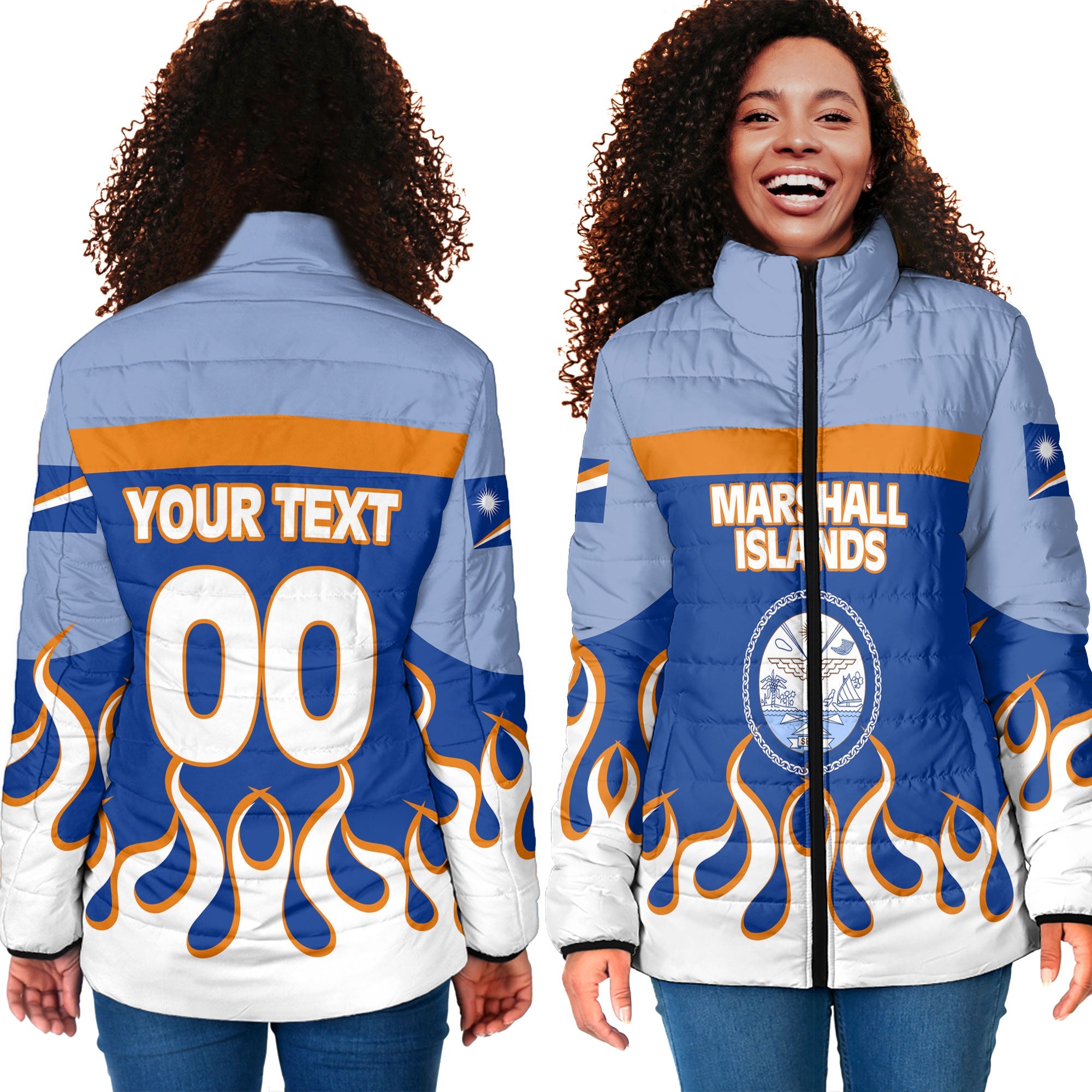 Marshall Islands Women Padded Jacket Flag & Coat Of Arms Fire Hockey Style