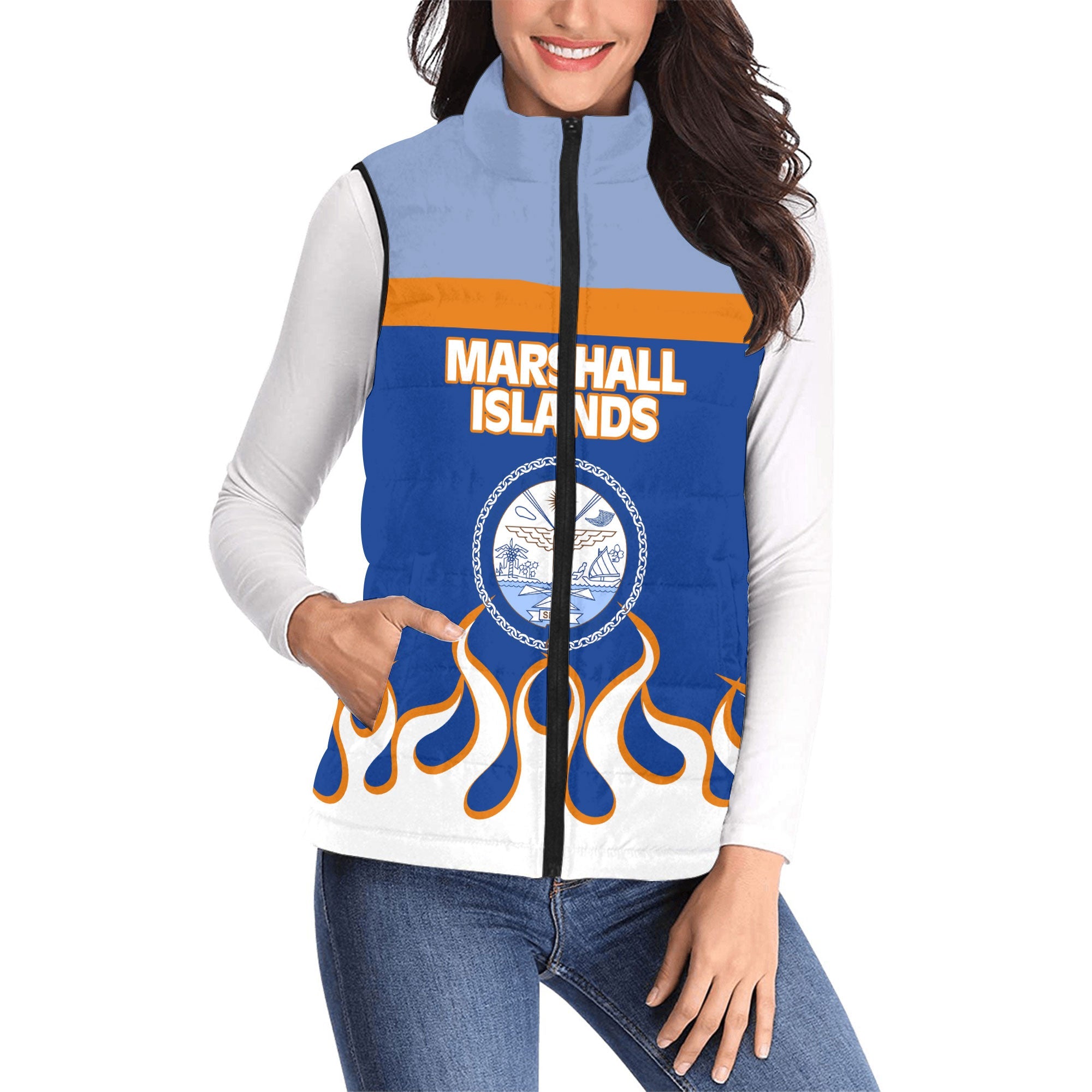 Marshall Islands Women Padded Jacket Vest Flag & Coat Of Arms Fire Hockey Style