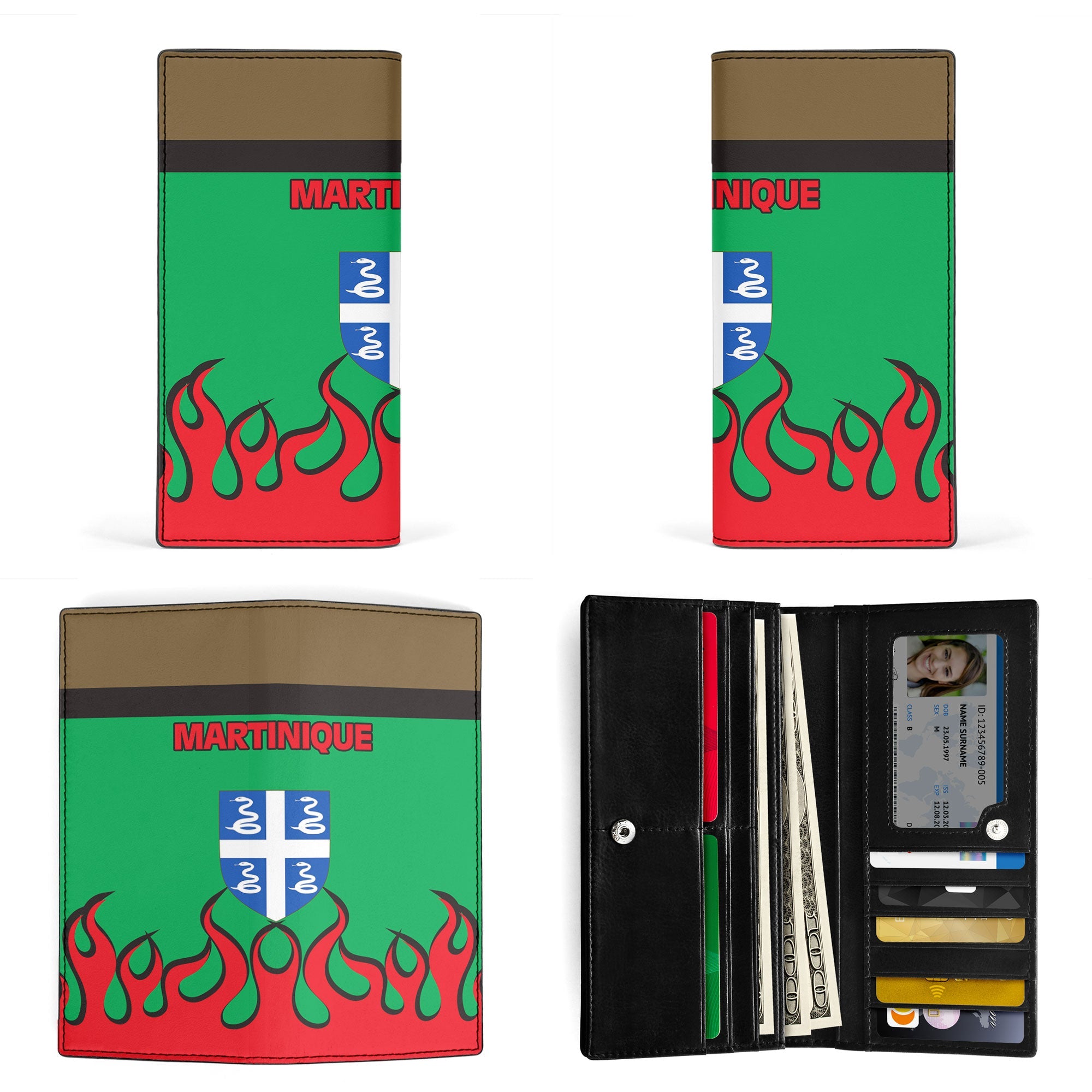 Martinique Leather Wallet Flag & Coat Of Arms Fire Hockey Style