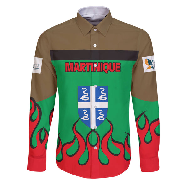 Martinique Long Sleeve Button Shirt Flag & Coat Of Arms Fire Hockey Style