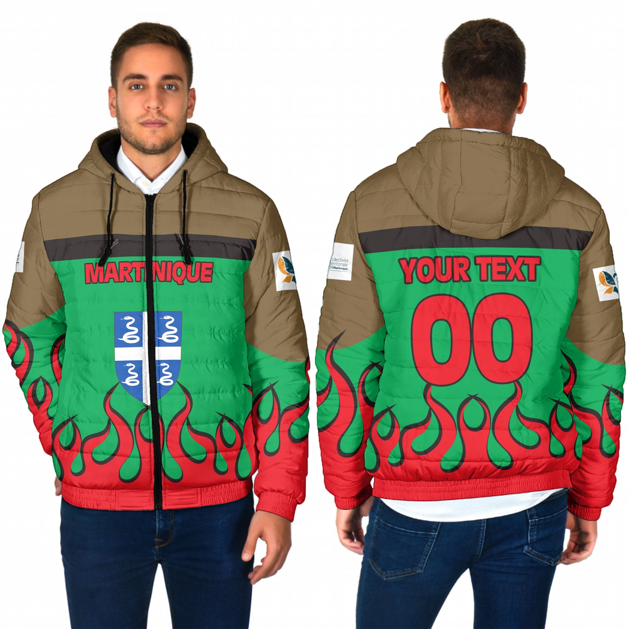 Martinique Men Hooded Padded Jacket Flag & Coat Of Arms Fire Hockey Style