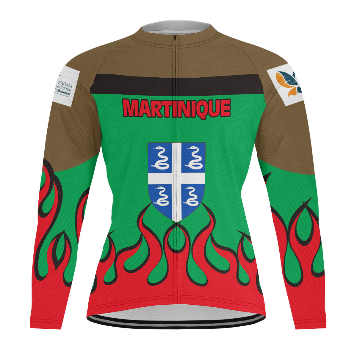 Martinique Men's Cycling Jersey Long Sleeve Flag & Coat Of Arms Fire Hockey Style