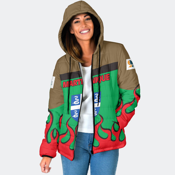 Martinique Women Hooded Padded Jacket Flag & Coat Of Arms Fire Hockey Style