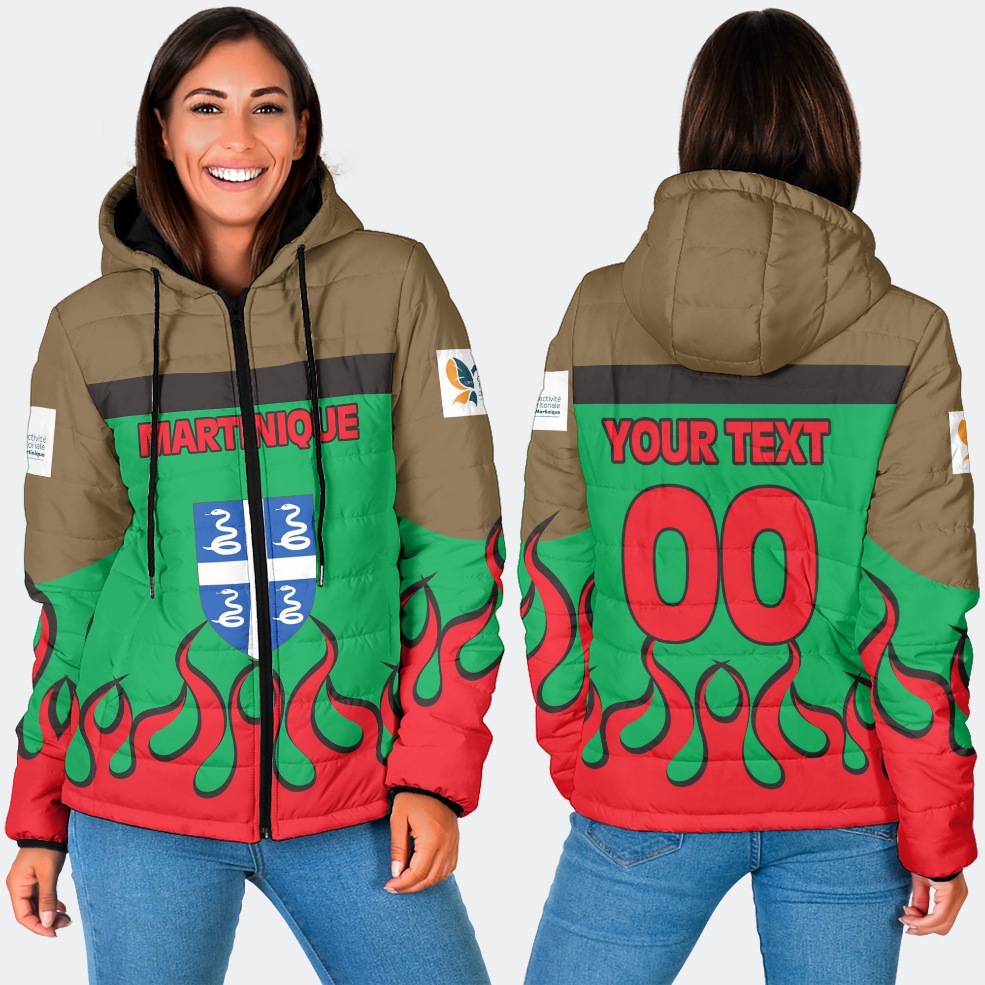 Martinique Women Hooded Padded Jacket Flag & Coat Of Arms Fire Hockey Style