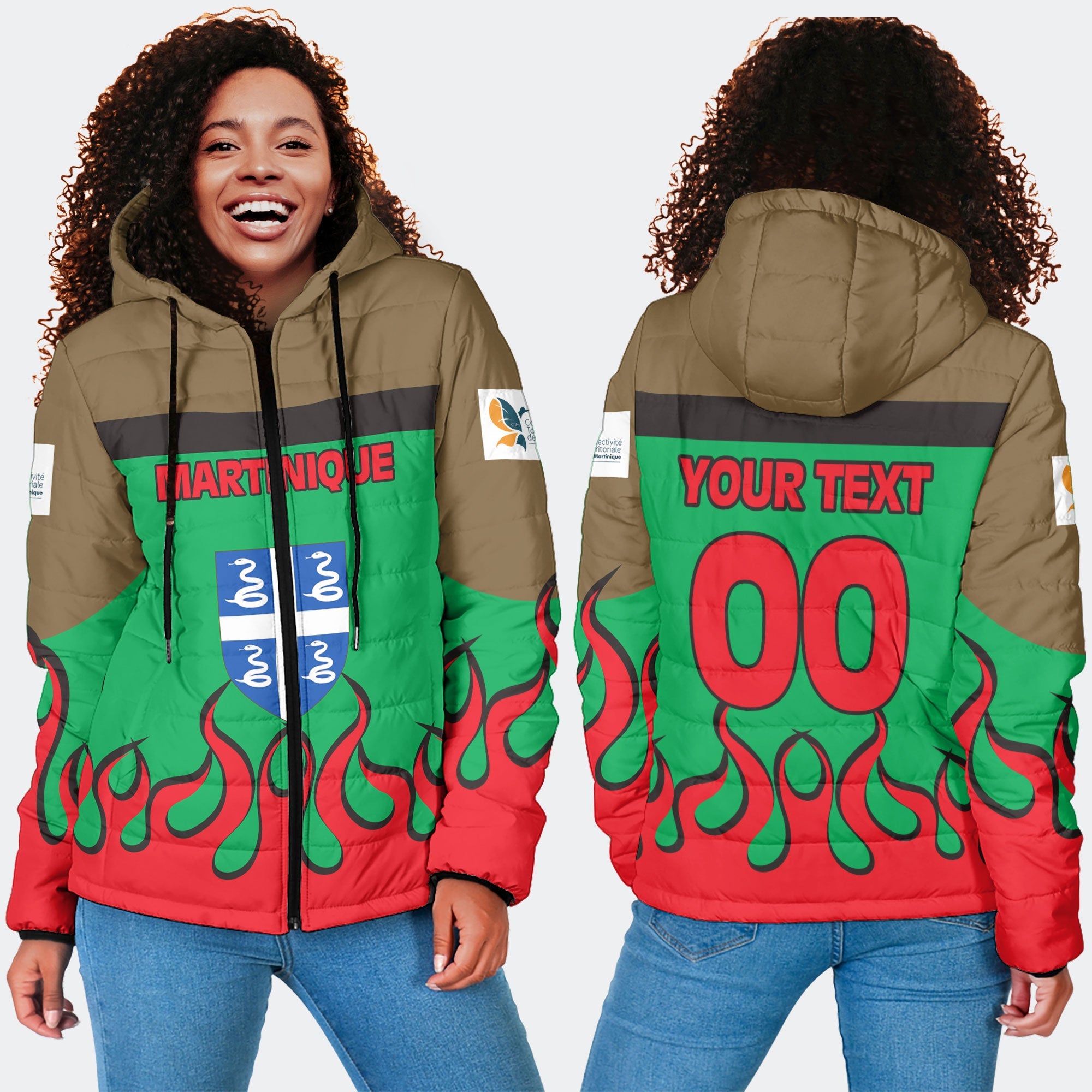 Martinique Women Hooded Padded Jacket Flag & Coat Of Arms Fire Hockey Style