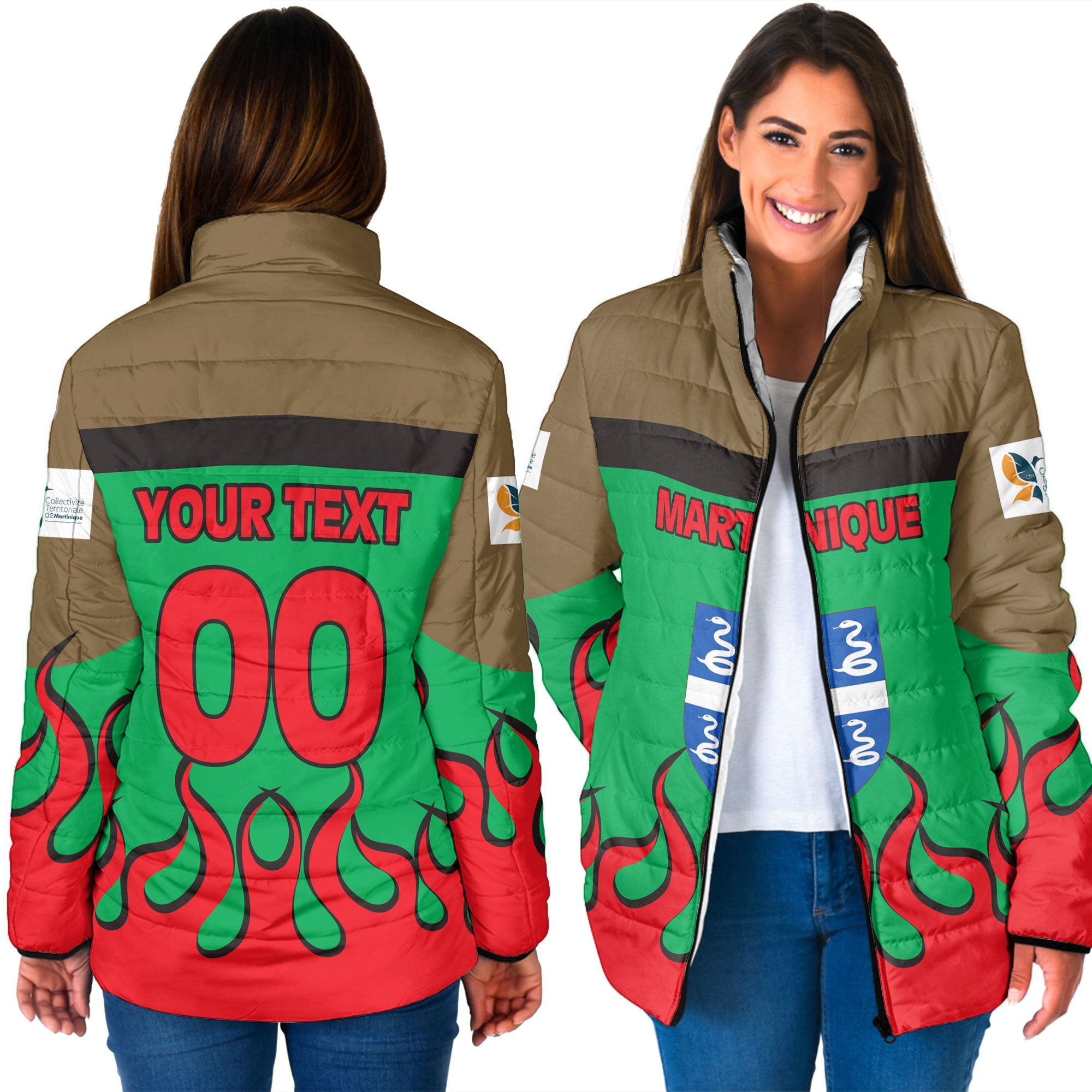 Martinique Women Padded Jacket Flag & Coat Of Arms Fire Hockey Style