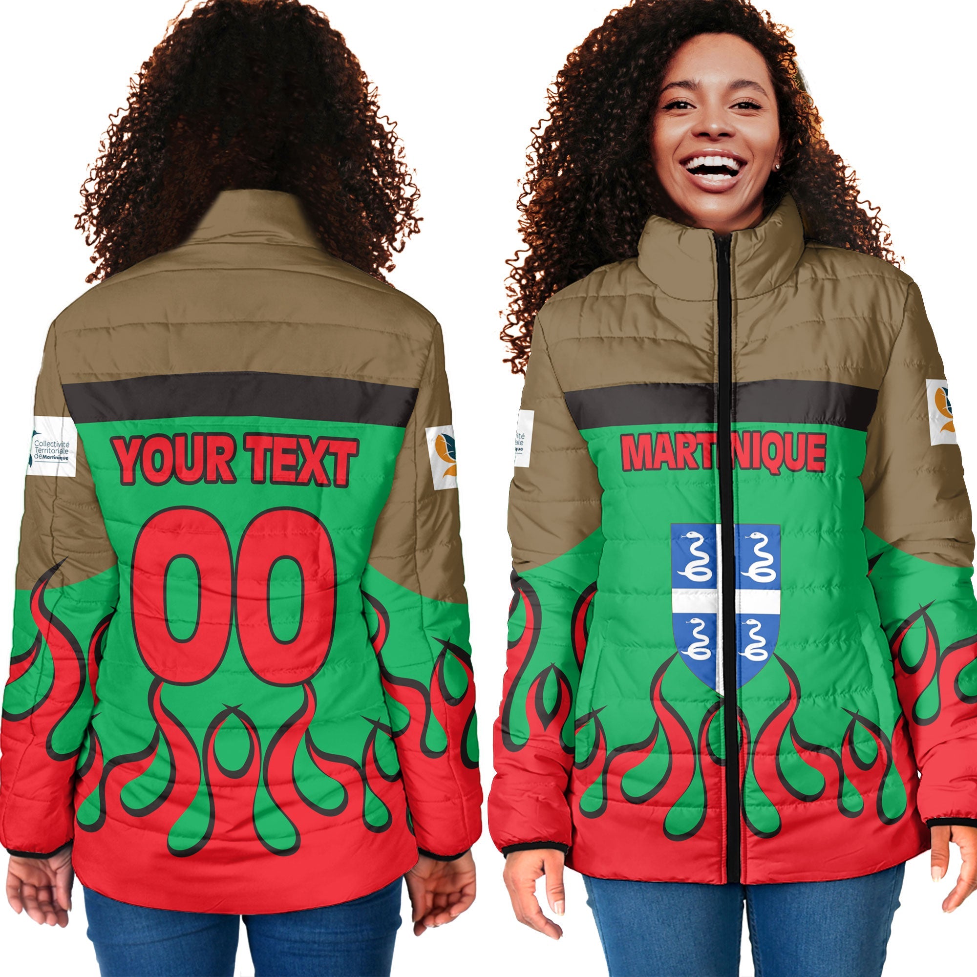 Martinique Women Padded Jacket Flag & Coat Of Arms Fire Hockey Style