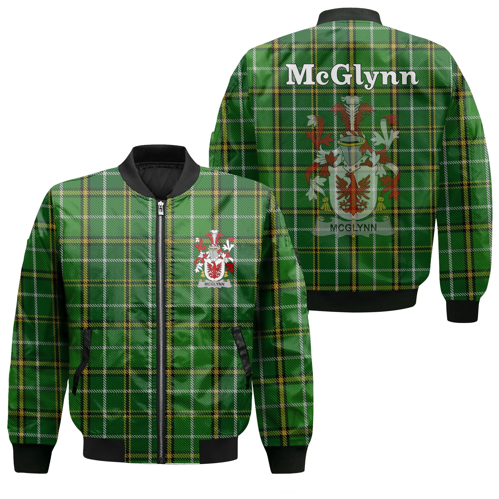 McGlynn or Glynn Family Bomber Jacket Irish National Plaid & Crest Sty ...