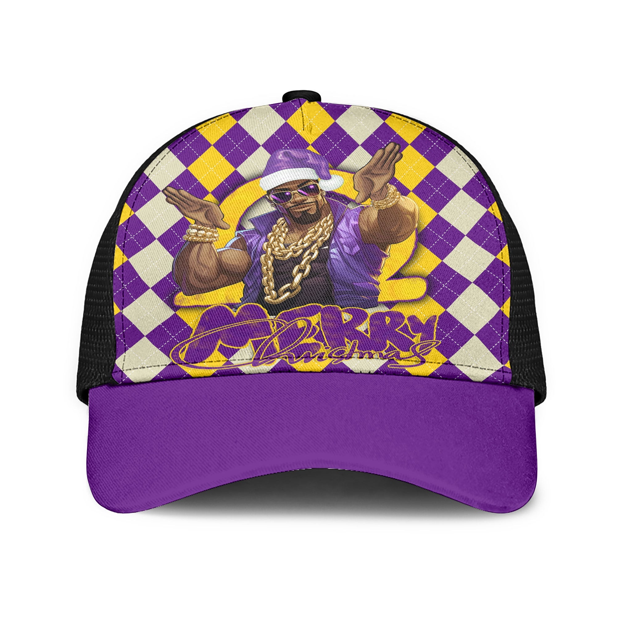 Fraternity Cap - OPP Christmas Mesh Back Cap Bulldog Purple Gold Caro Pattern Style