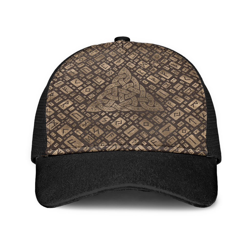 Viking Mesh Back Cap Triquetra & Runic Alphabet Wood And Gold