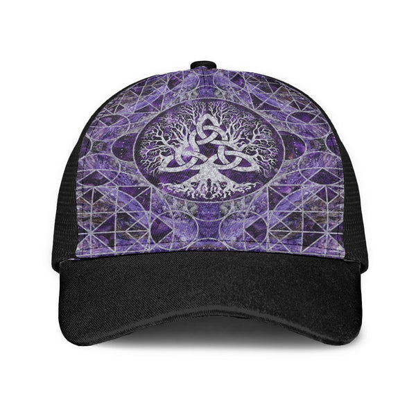 Viking Mesh Back Cap Tree Of Life With Triquetra Amethyst And Silver