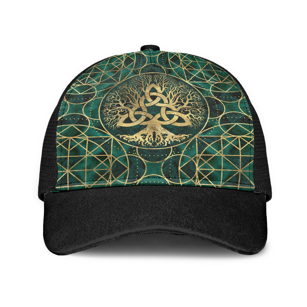 Viking Mesh Back Cap Tree Of Life With Triquetra Malachite And Gold