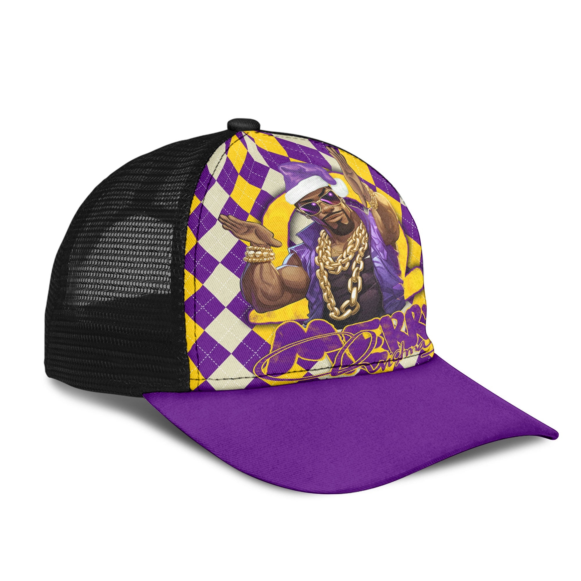 Fraternity Cap - OPP Christmas Mesh Back Cap Bulldog Purple Gold Caro Pattern Style