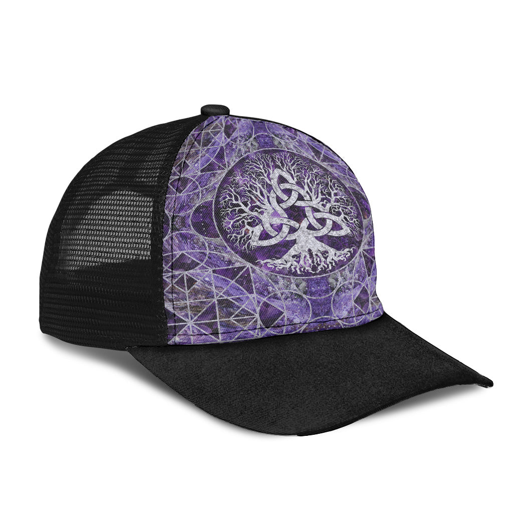 Viking Mesh Back Cap Tree Of Life With Triquetra Amethyst And Silver